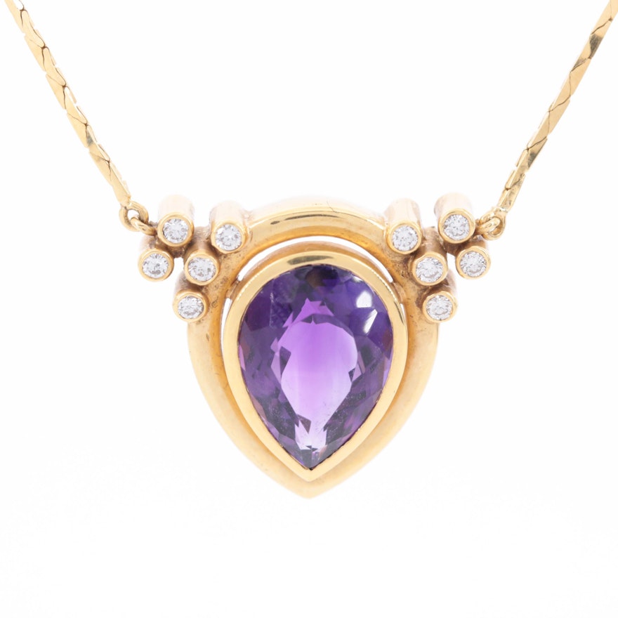 18K Yellow Gold Amethyst and Diamond Necklace