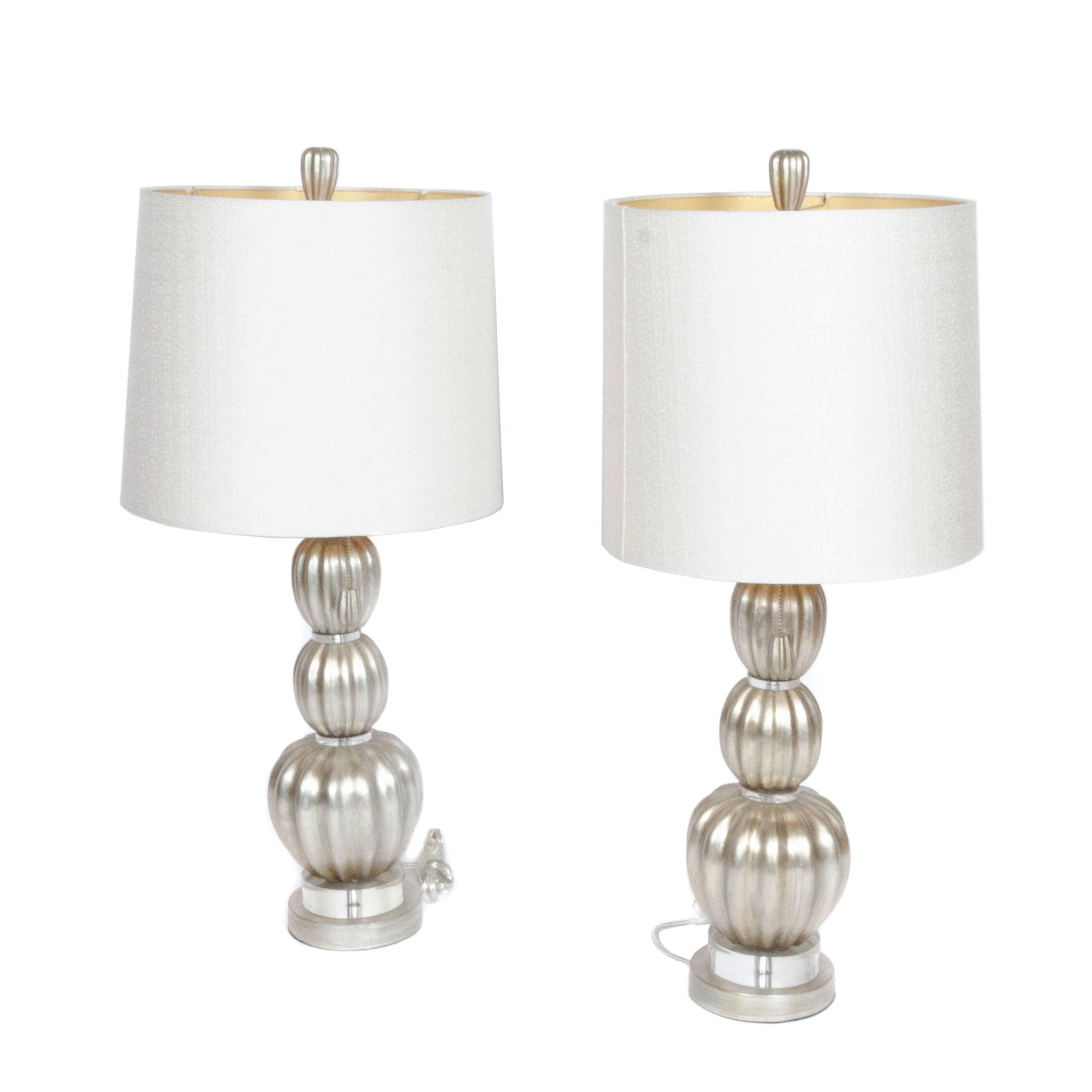 Glass Table Lamps in Satin Silver Finish with Fabric Drum Shades