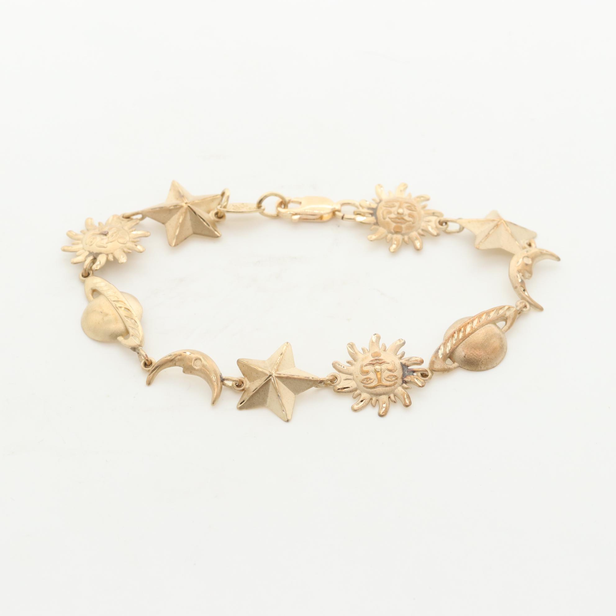 10K Yellow Gold Bracelet with Sun, Moon, Stars and Planet Motif