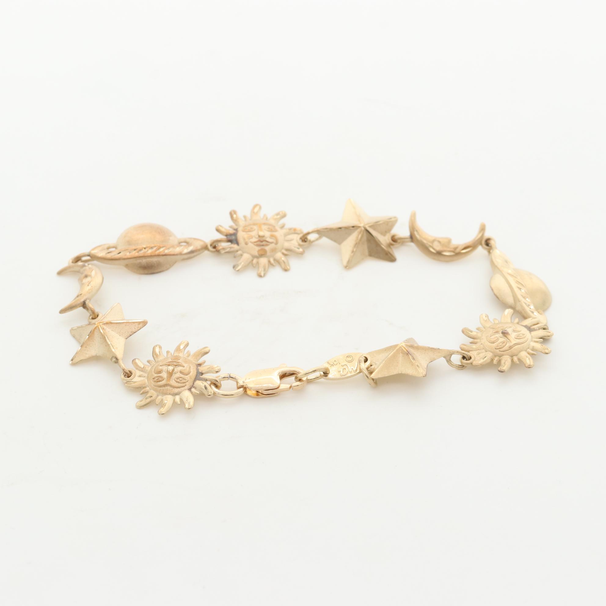 10K Yellow Gold Bracelet with Sun, Moon, Stars and Planet Motif