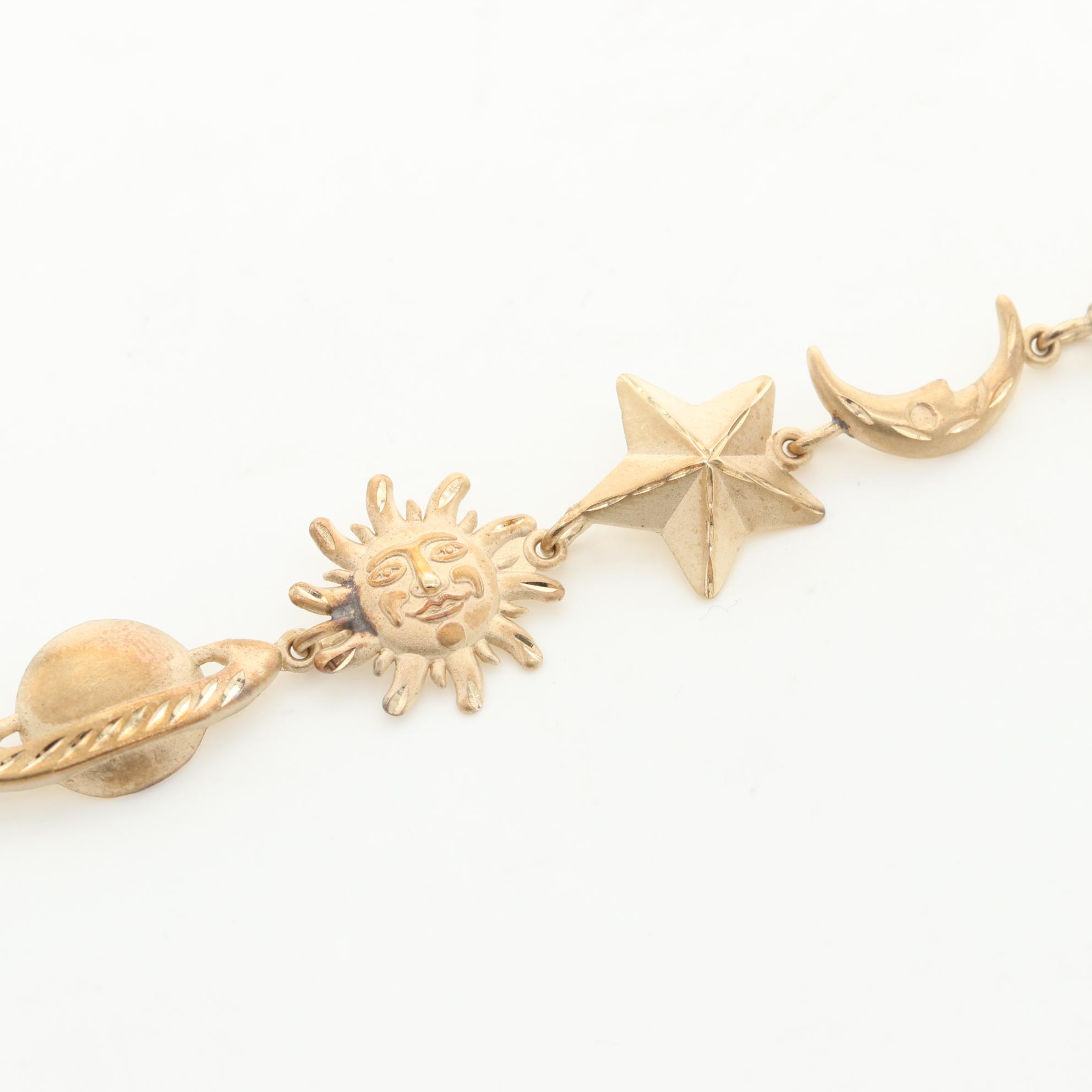 10K Yellow Gold Bracelet with Sun, Moon, Stars and Planet Motif
