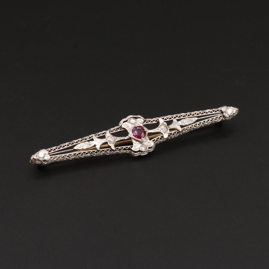 Circa 1910 14K Yellow Gold Ruby and Diamond Brooch with Platinum Accent