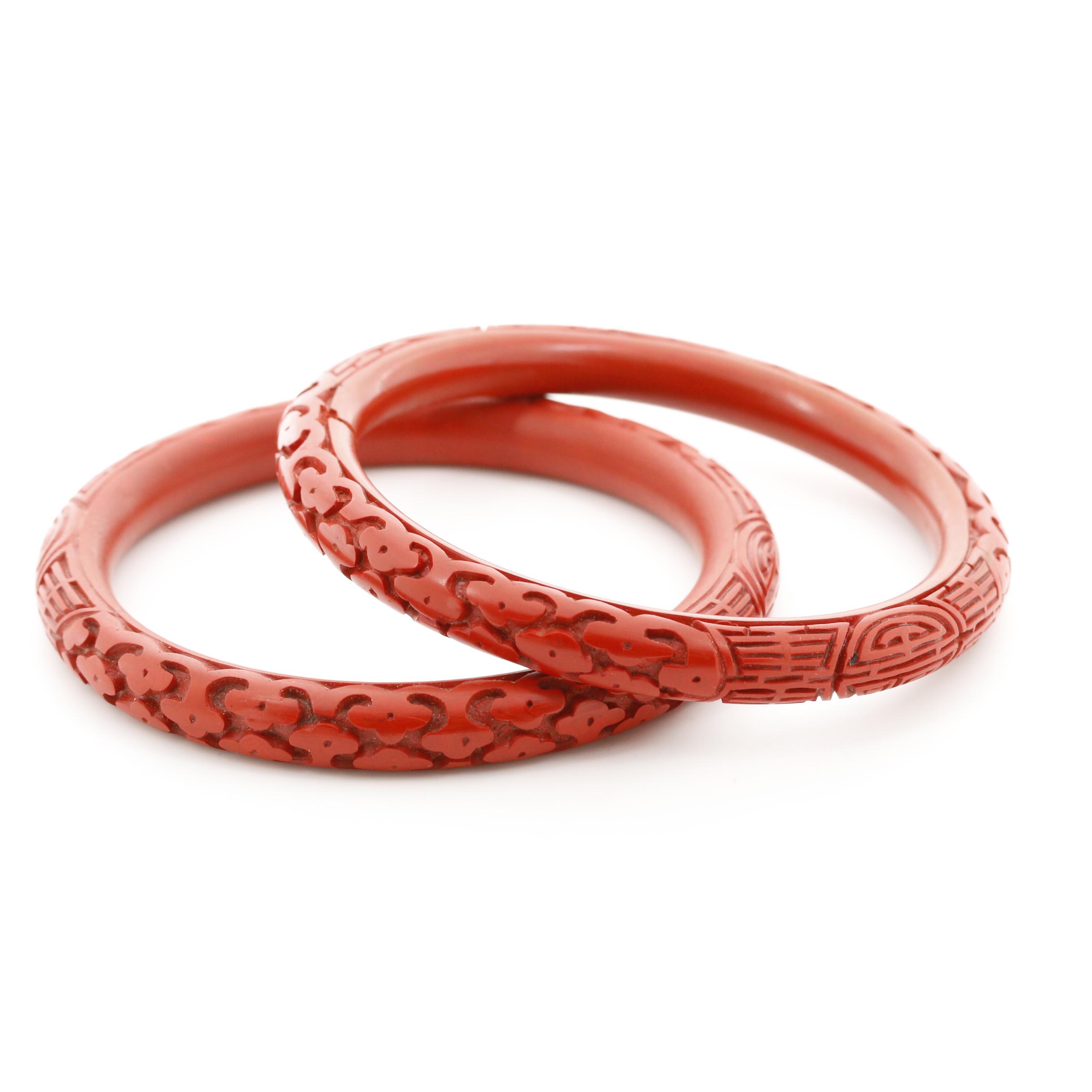 Cinnabar Engraved Bangle Bracelets