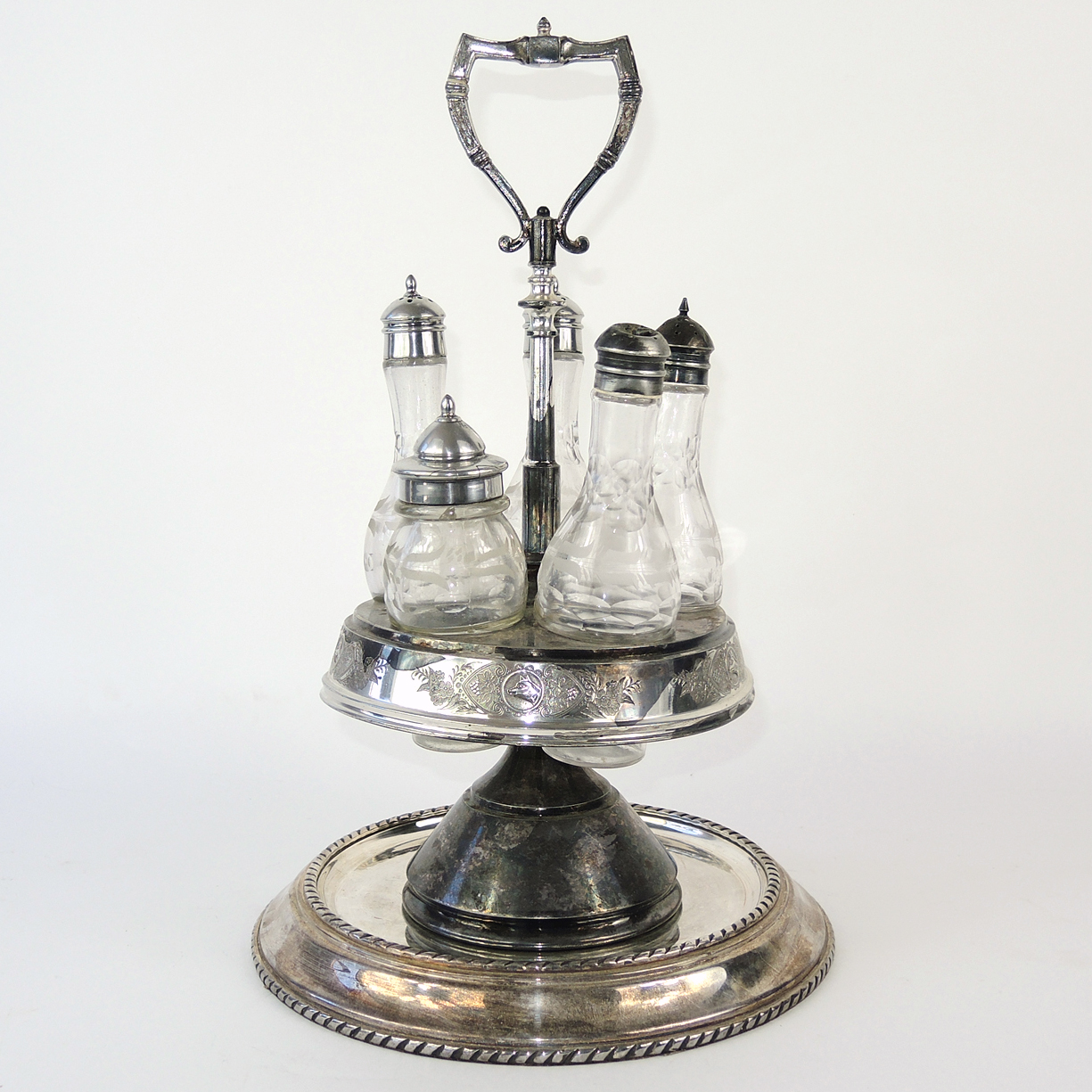 Aesthetic Movement Silver Plate Cruet Set with Decorative Plate EBTH