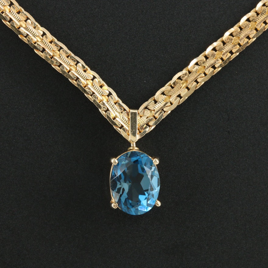 14K Yellow Gold Blue Topaz C Link Chain Necklace