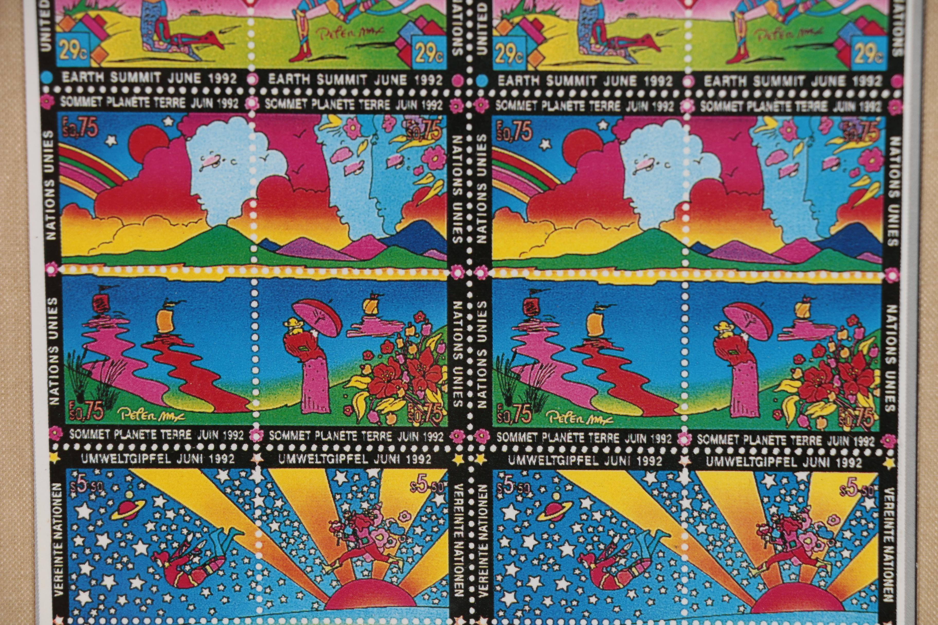 Signed Peter Max Earth Summit Postage Stamps, 1992