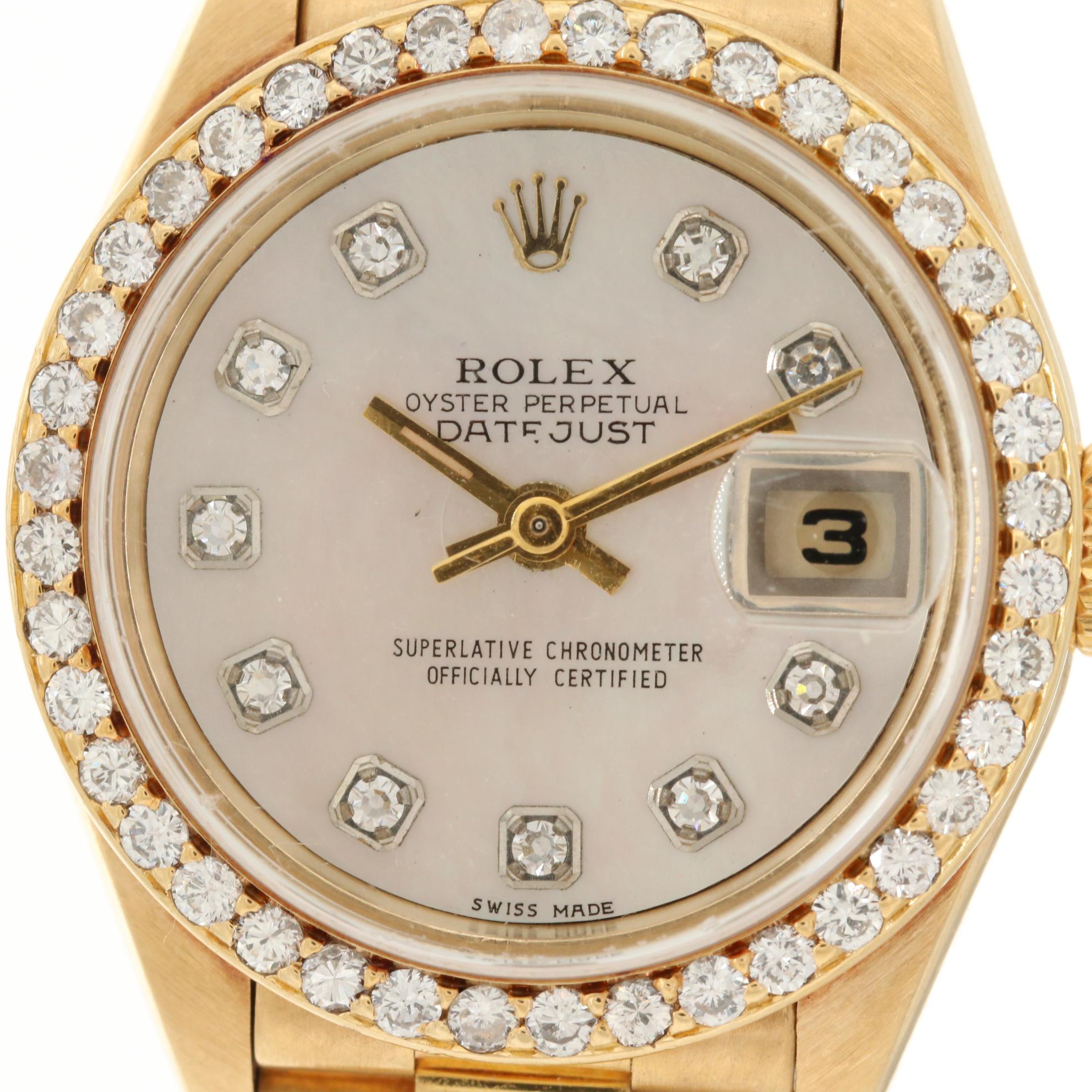 18K Gold Rolex President Watch With Diamond Dial and Bezel, 1988