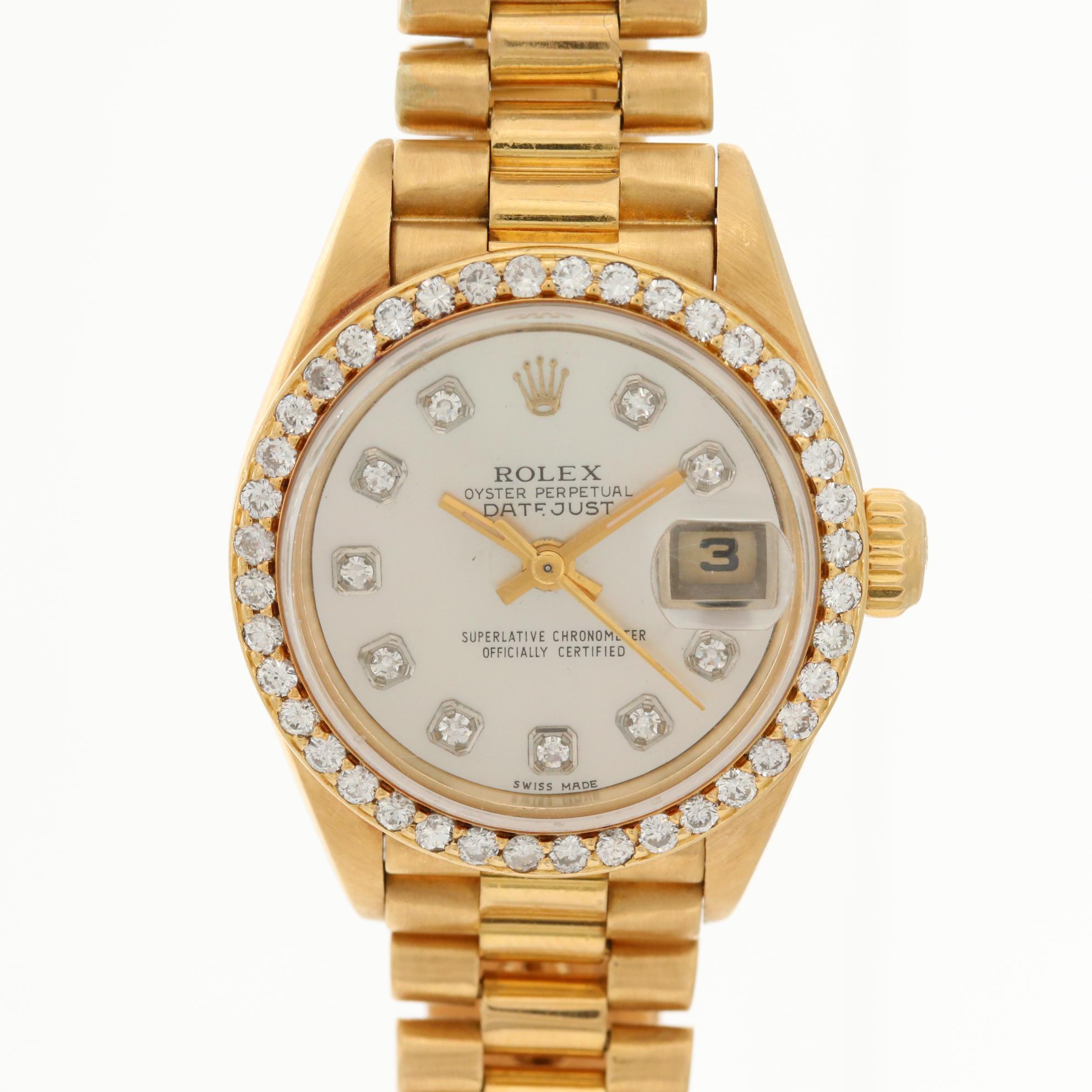 18K Gold Rolex President Watch With Diamond Dial and Bezel, 1988