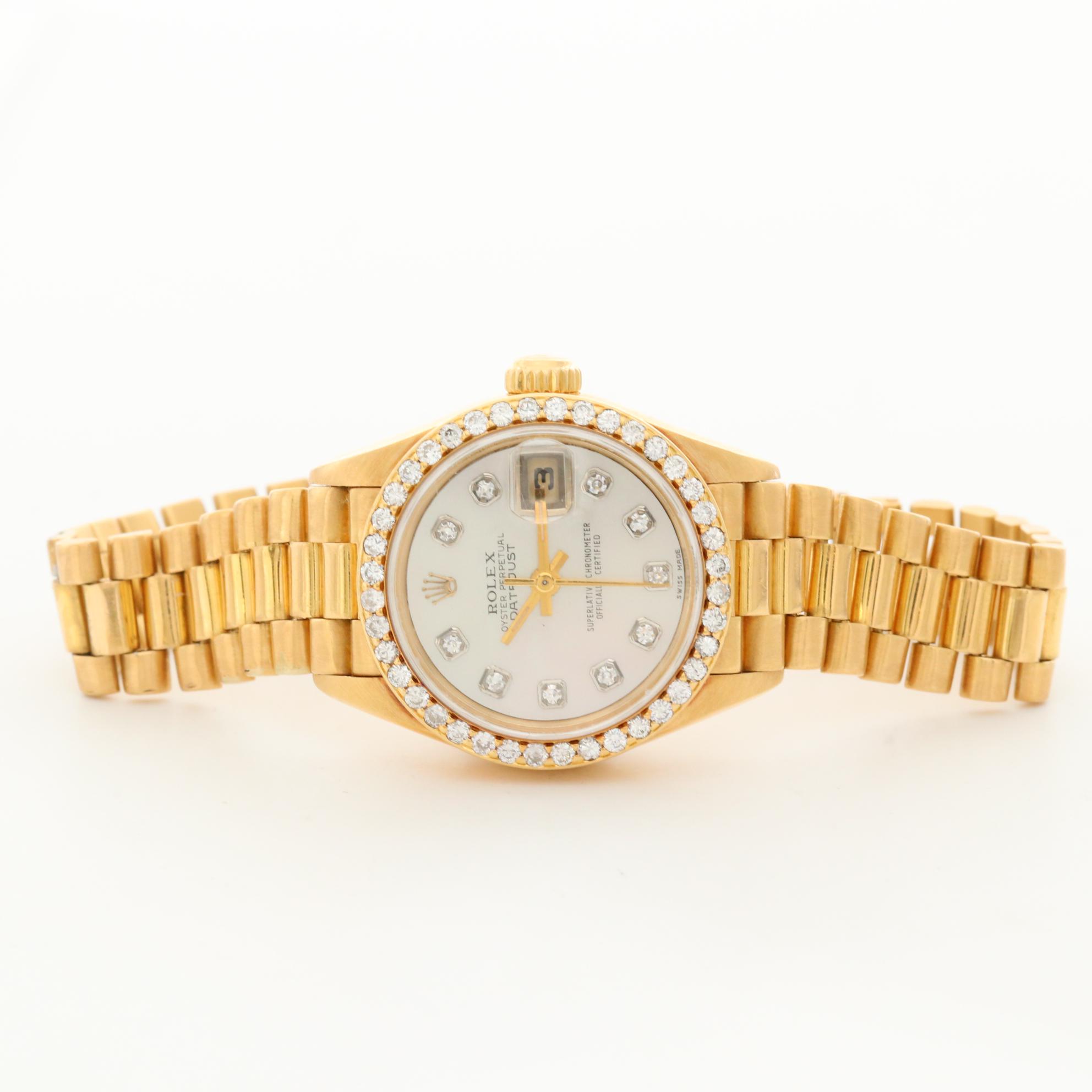 18K Gold Rolex President Watch With Diamond Dial and Bezel, 1988