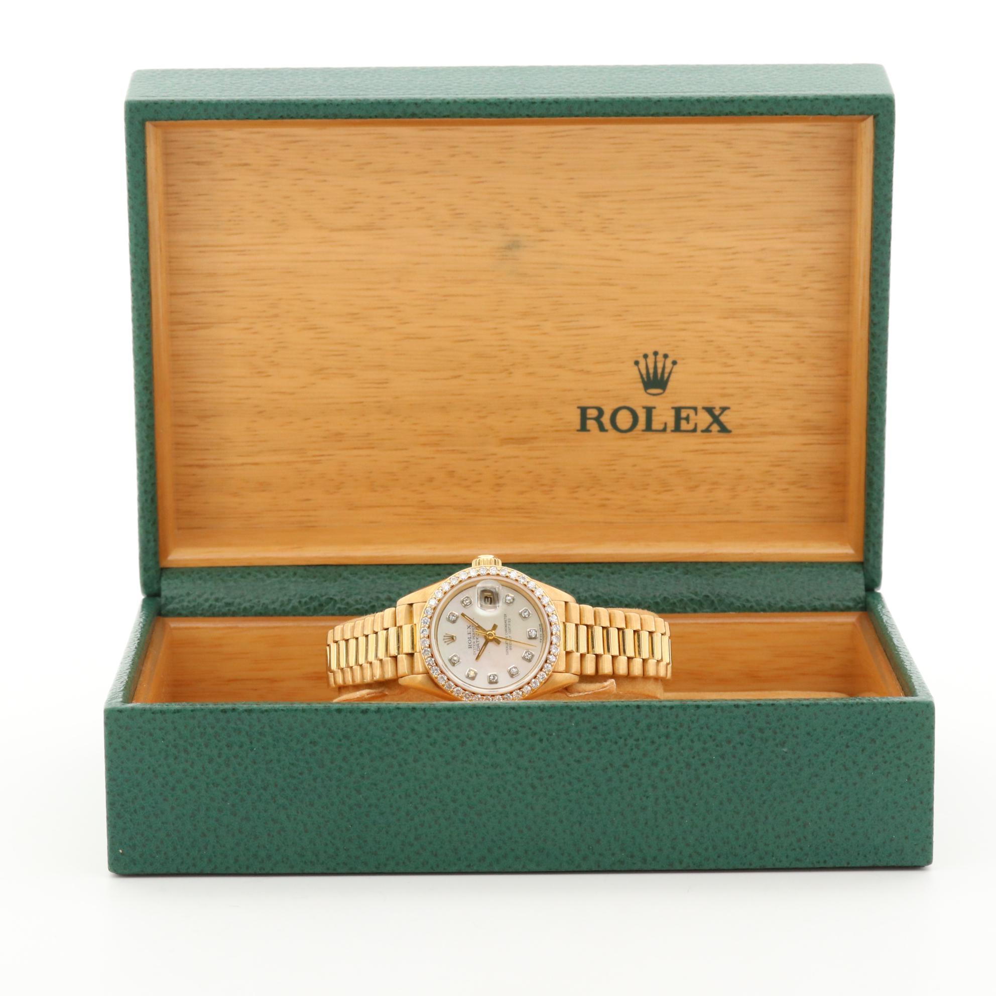 18K Gold Rolex President Watch With Diamond Dial and Bezel, 1988