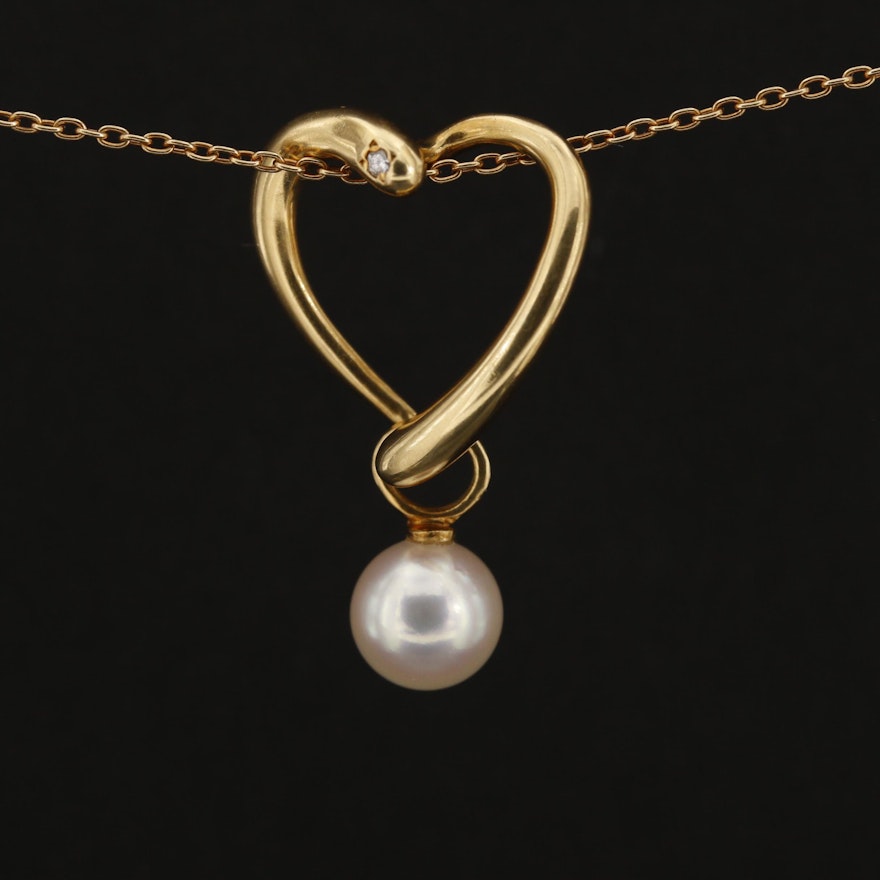 18K Yellow Gold Cultured Pearl and Diamond Heart Pendant Necklace