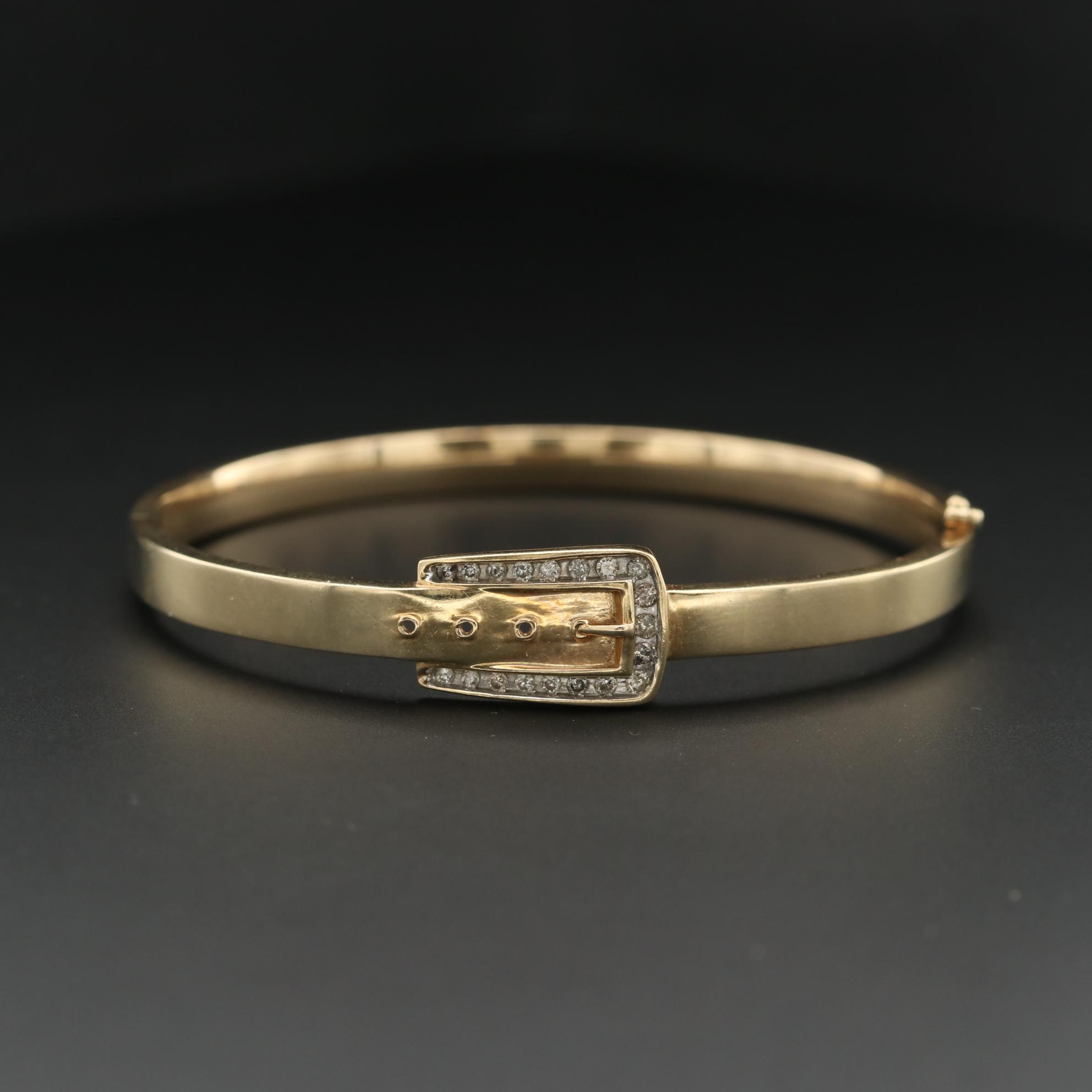 10K Yellow Gold Diamond Belt Buckle Hinged Bracelet