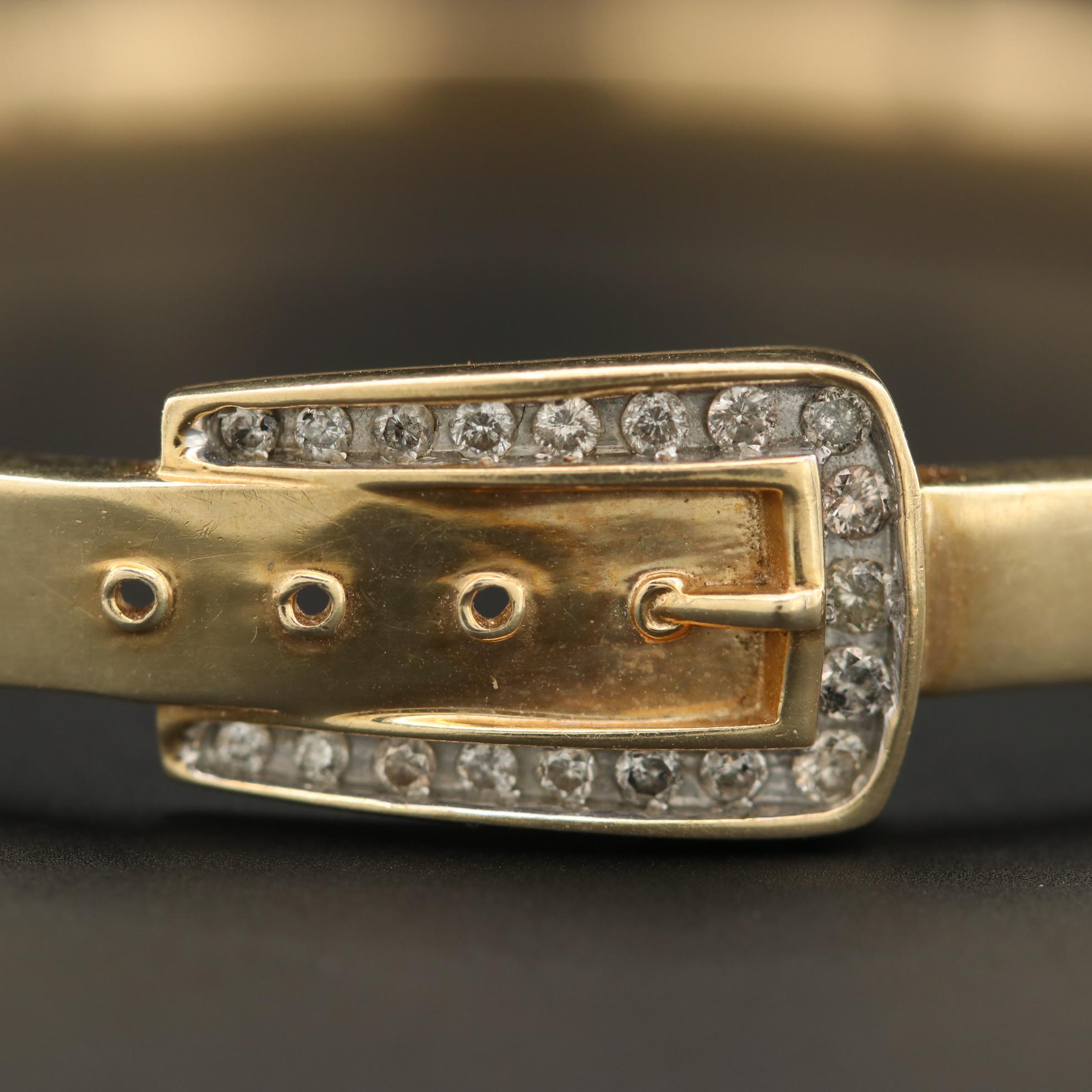 10K Yellow Gold Diamond Belt Buckle Hinged Bracelet