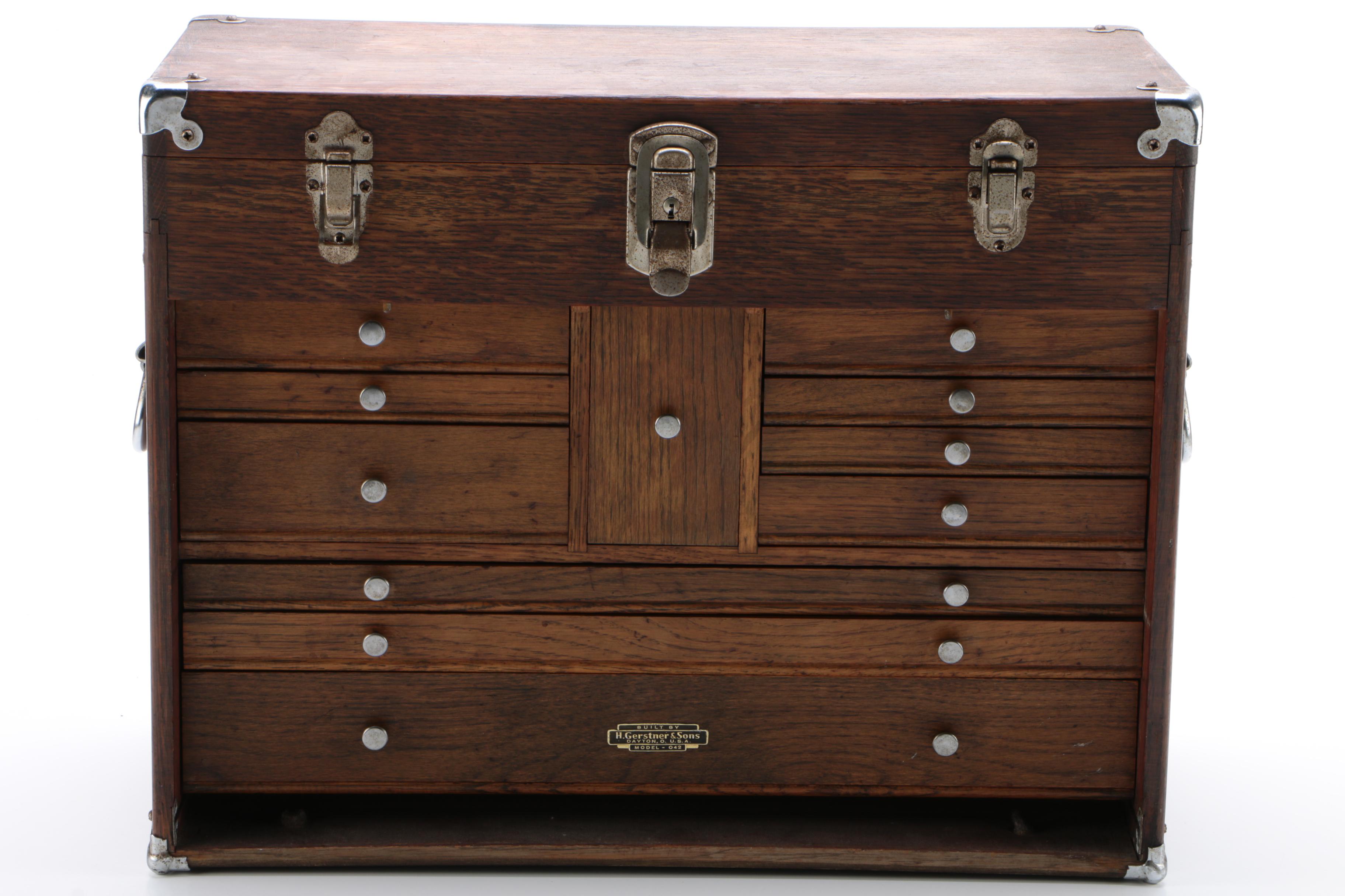 H. Gerstner & Sons Oak Wood Machinists Tool Chest, Model 042, Vintage