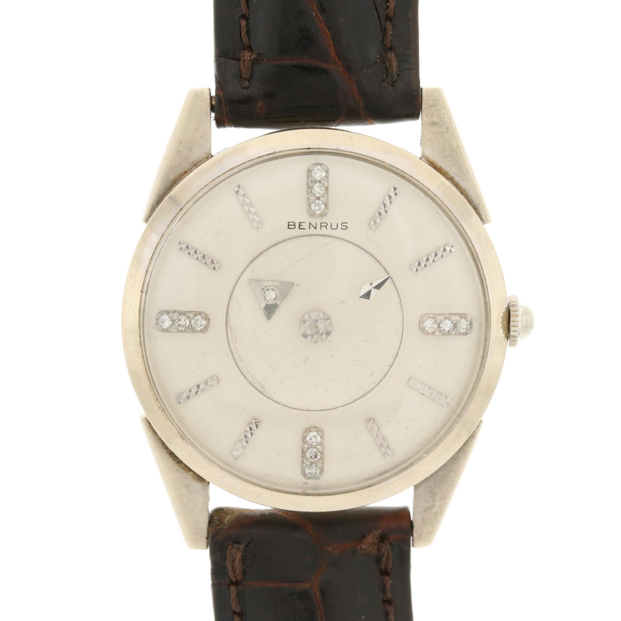 Benrus 14K White Gold and Diamonds Mystery Dial Stem Wind Watch