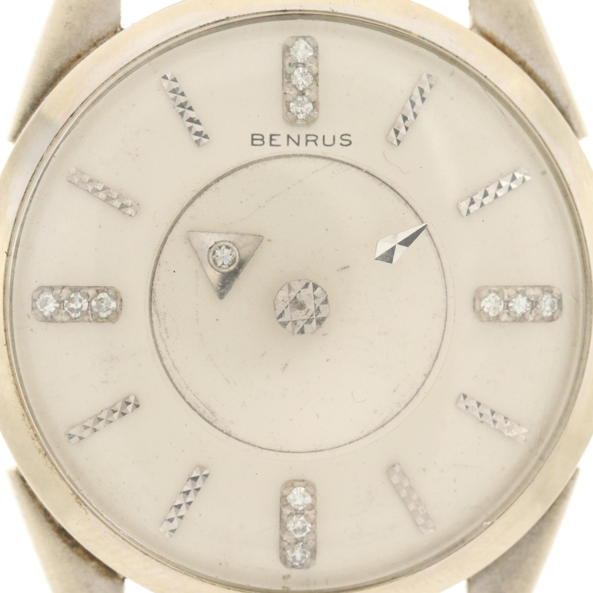 Benrus 14K White Gold and Diamonds Mystery Dial Stem Wind Watch
