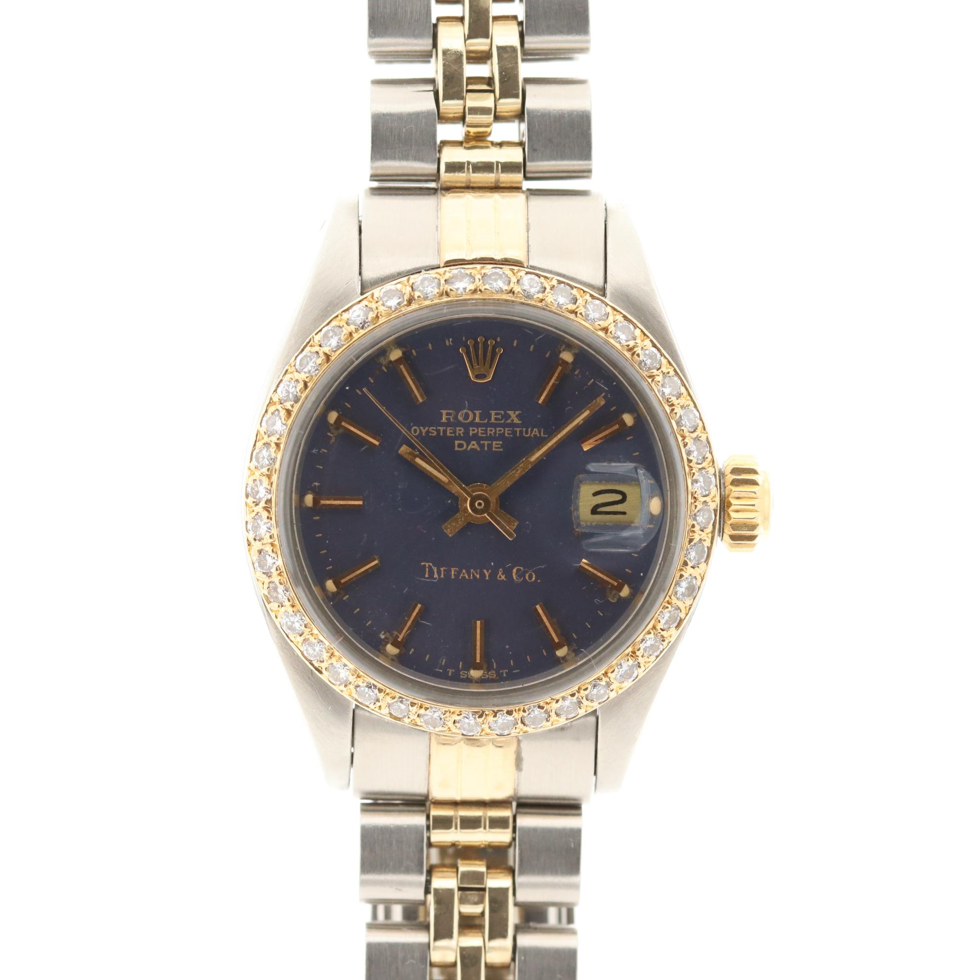 Rolex Date 14K Gold Watch With Tiffany & Co. Dial and Diamond Bezel