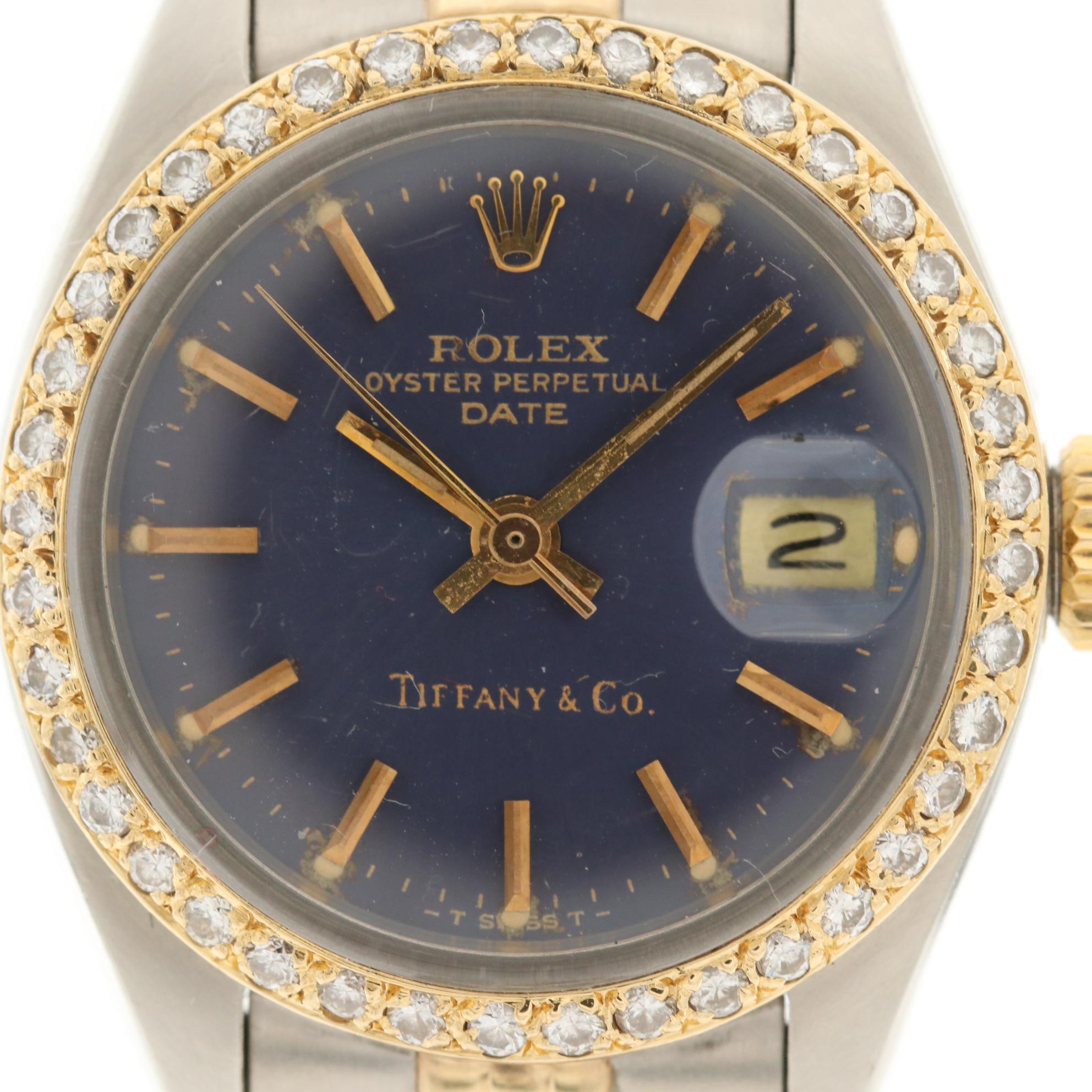 Rolex Date 14K Gold Watch With Tiffany & Co. Dial and Diamond Bezel