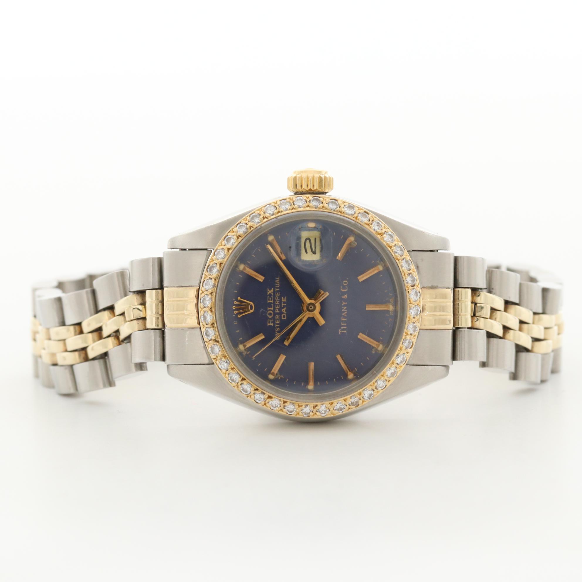 Rolex Date 14K Gold Watch With Tiffany & Co. Dial and Diamond Bezel