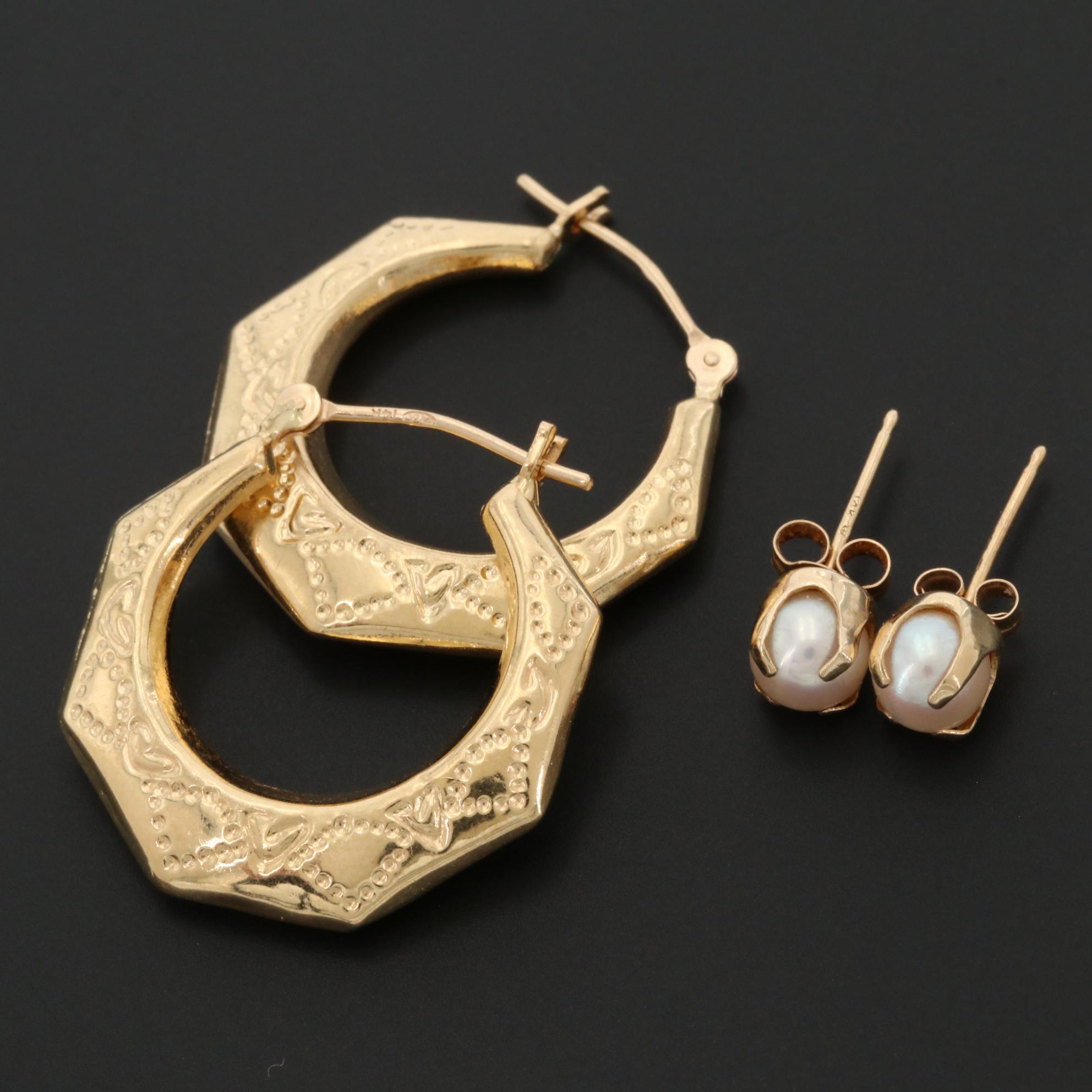 Michael Anthony 14K Yellow Gold Hoop Earrings and Cultured Pearl Stud Earrings