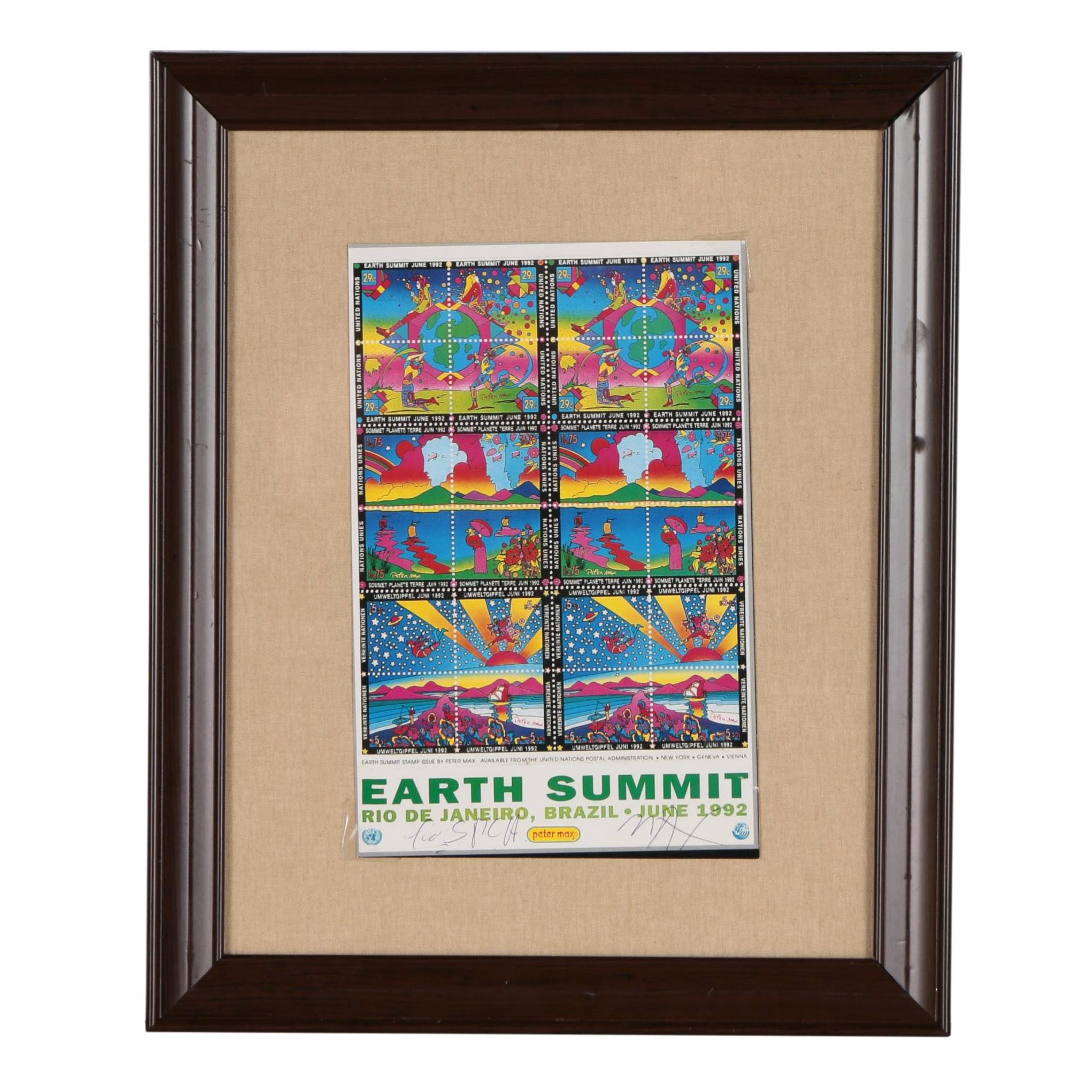 Signed Peter Max Earth Summit Postage Stamps, 1992