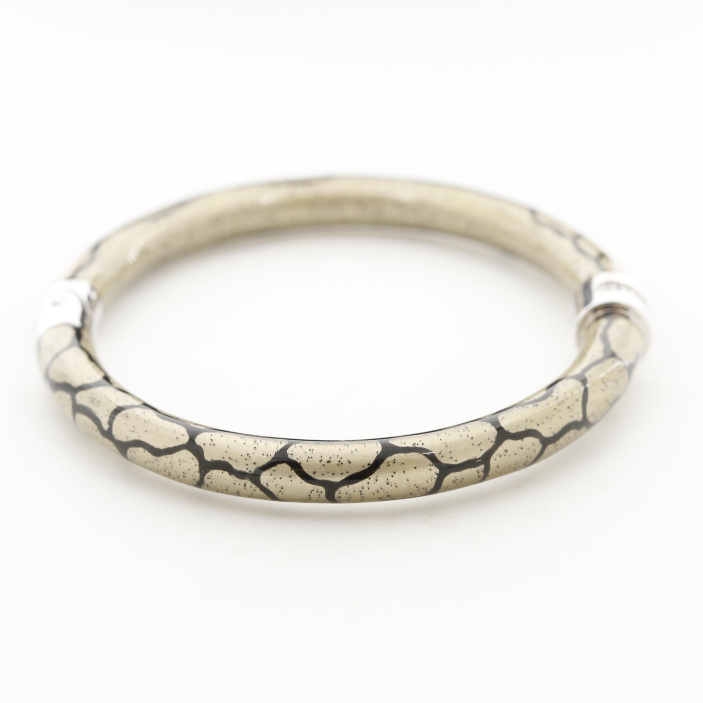 SOHO "Crocodile Print" Sterling Silver Enamel Diamond Bangle Bracelet