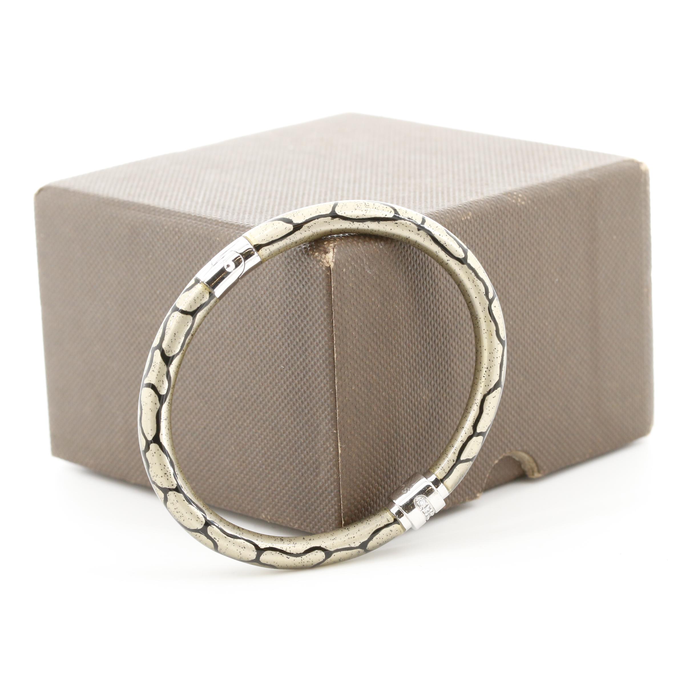 SOHO "Crocodile Print" Sterling Silver Enamel Diamond Bangle Bracelet