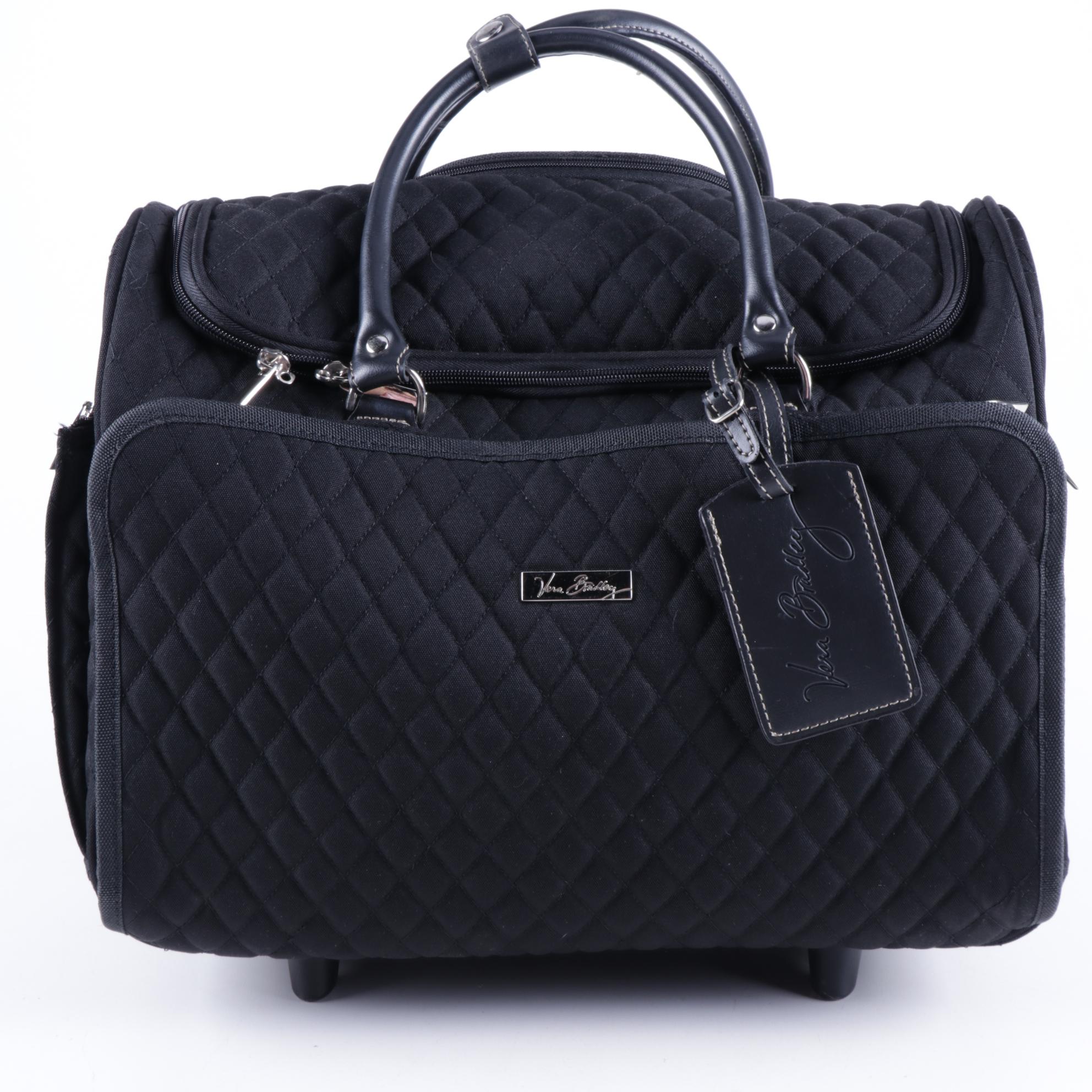 Vera Bradley Classic Black Quilted Rolling Duffel Bag with Collapsible Handle