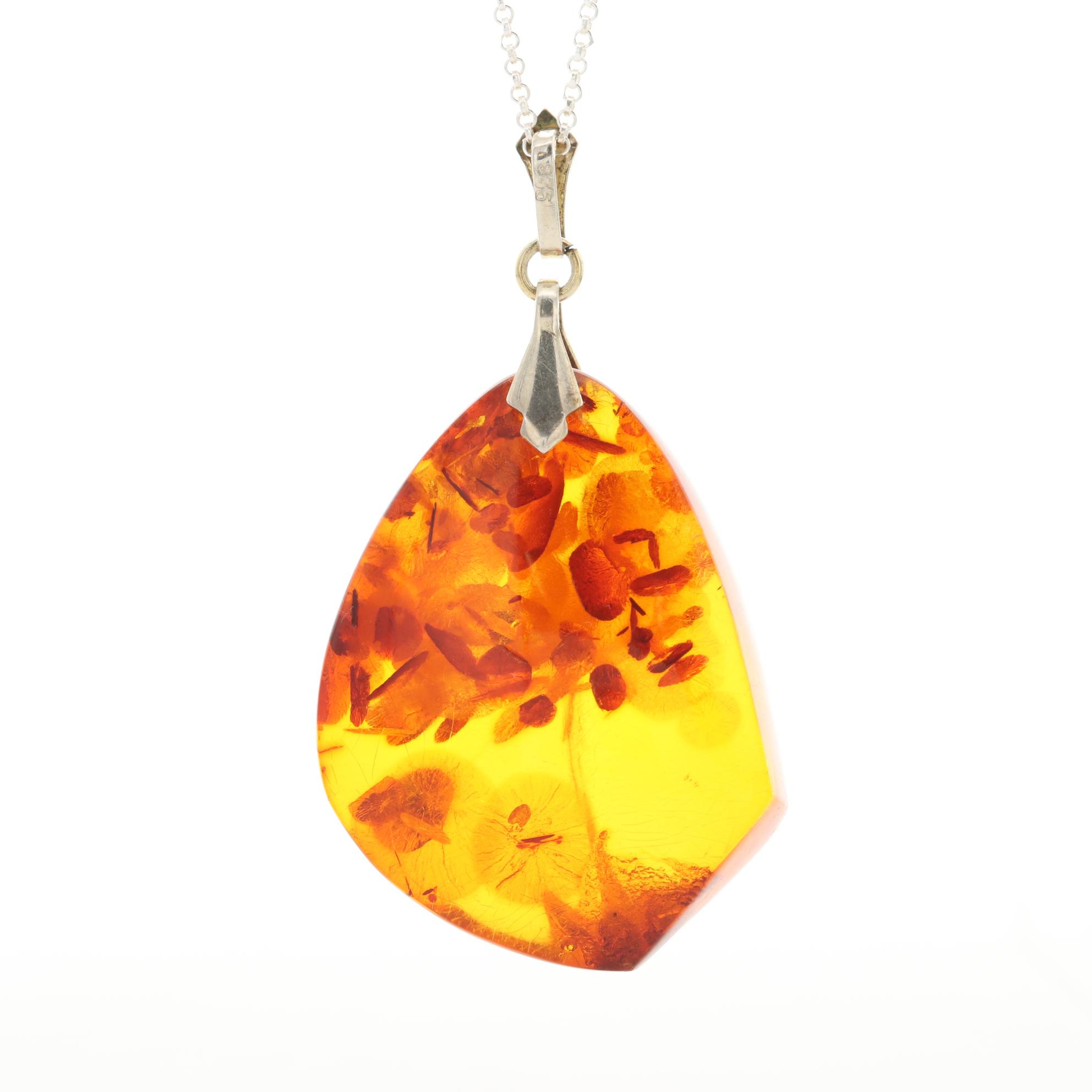 835 Silver Amber Pendant on Sterling Chain with Loose Pressed Amber in Copal