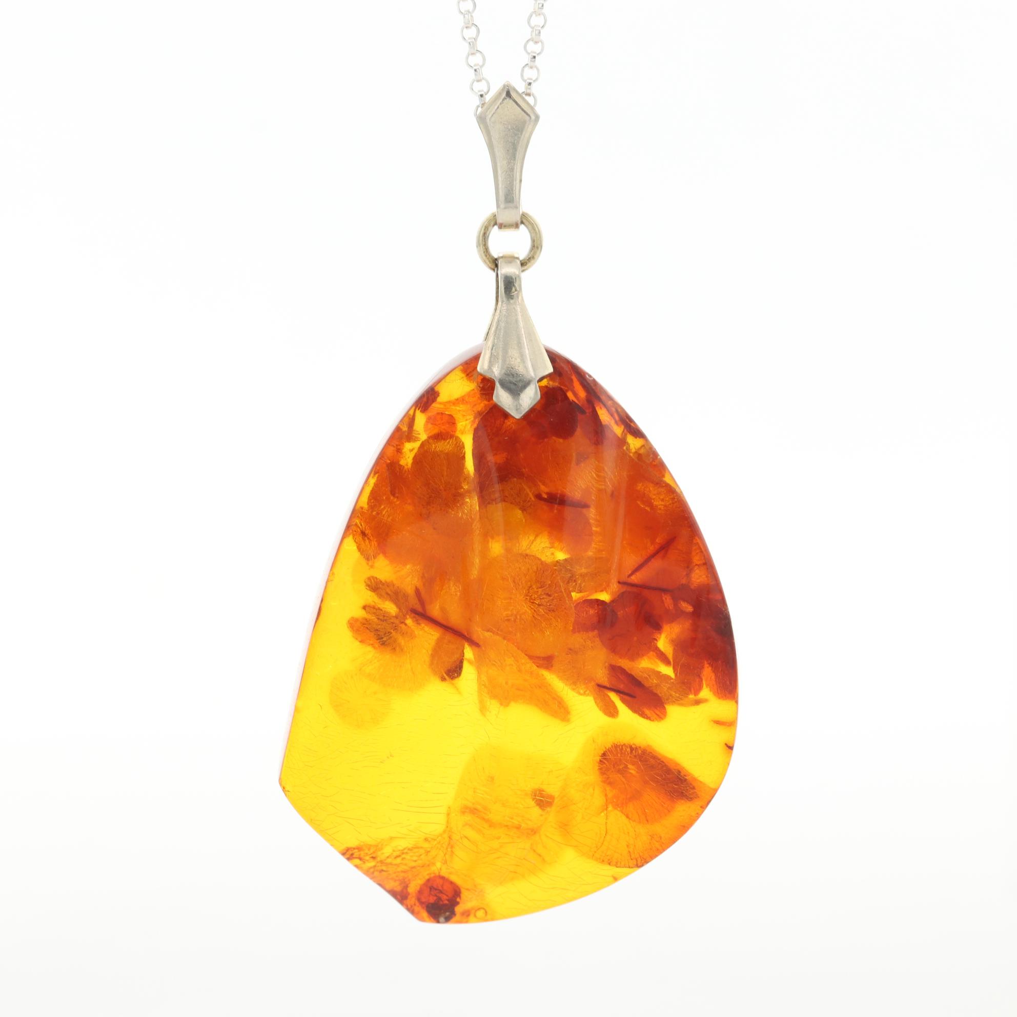 835 Silver Amber Pendant on Sterling Chain with Loose Pressed Amber in Copal