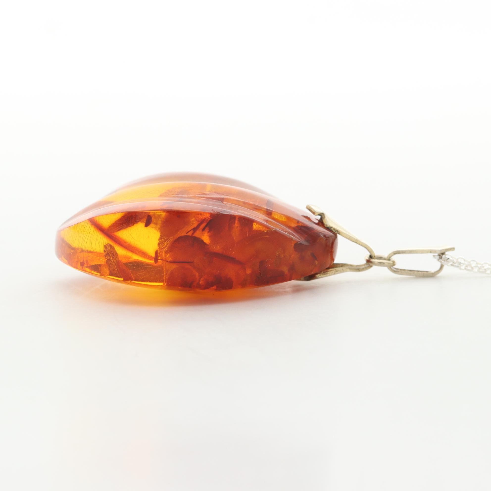 835 Silver Amber Pendant on Sterling Chain with Loose Pressed Amber in Copal