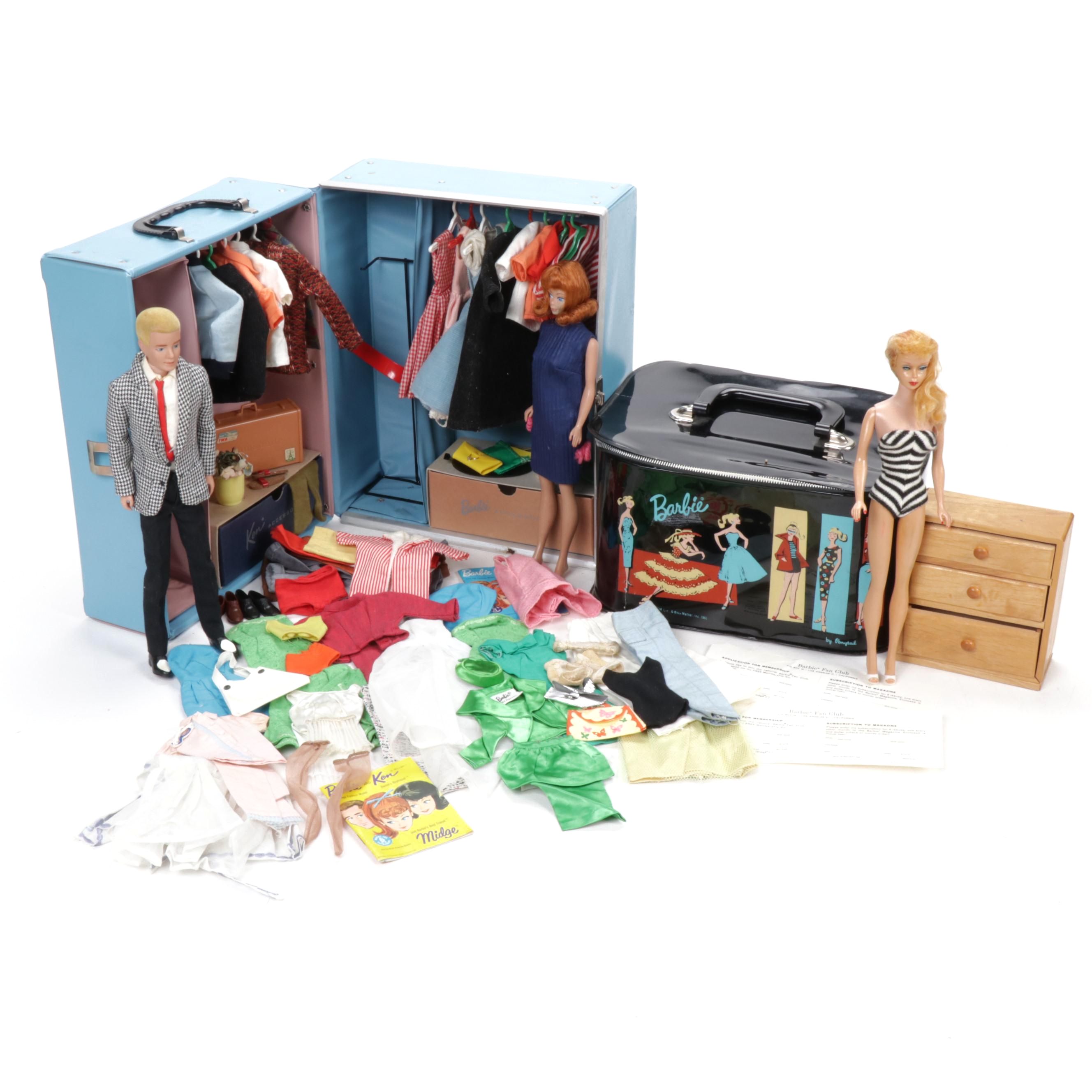 Mattel Barbie, Ken, and Midge Dolls with Carrying Cases and Clothing, 1960s