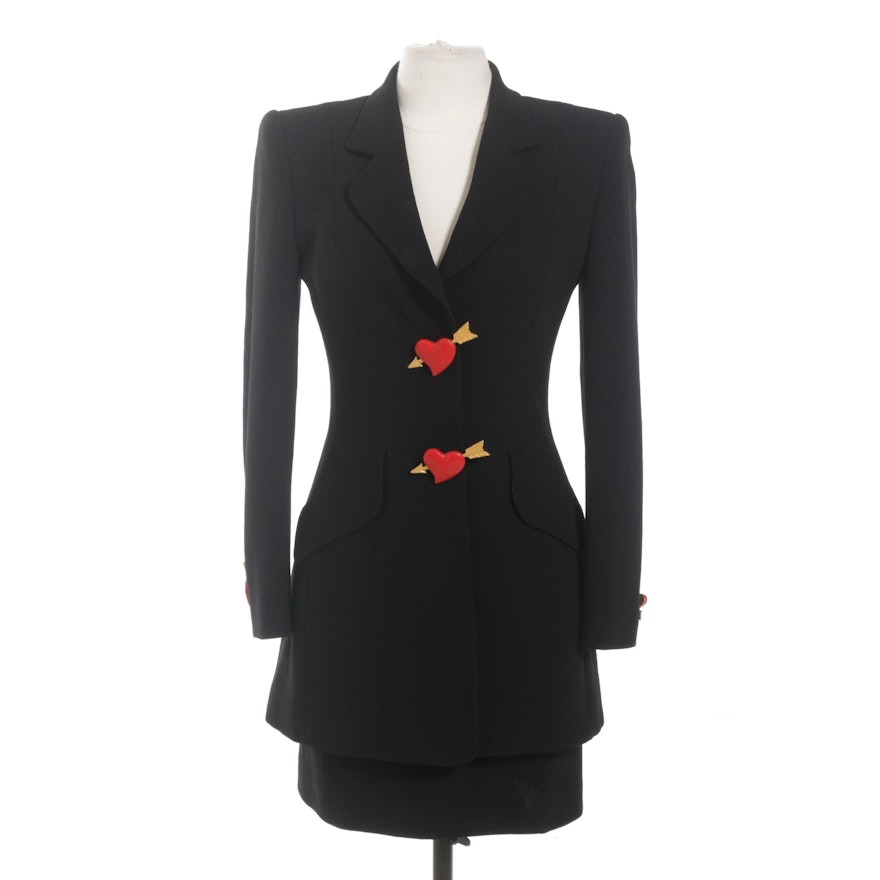 Rena Lang Black Wool Skirt Suit with Heart and Arrow Buttons, 1980s Vintage