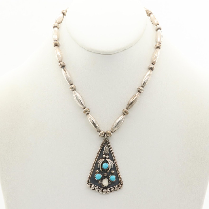 Clyde Davis Navajo Diné Sterling Turquoise and Mother of Pearl Necklace