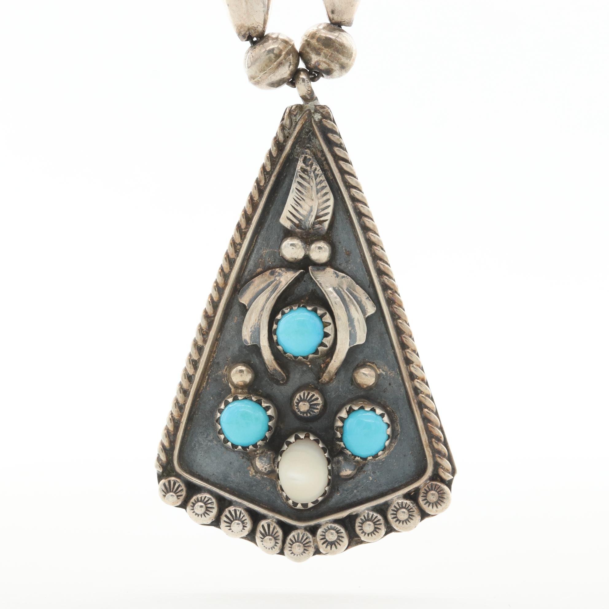 Clyde Davis Navajo Diné Sterling Turquoise and Mother of Pearl Necklace