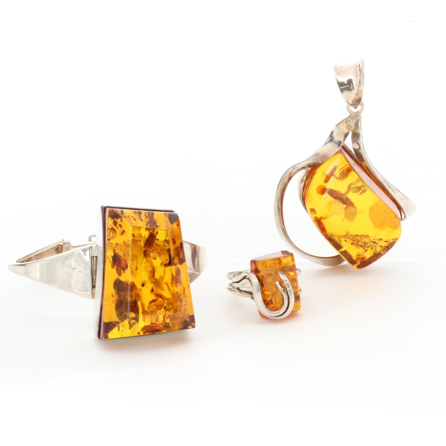 Sterling Silver Amber Bracelet, Pendant and Ring