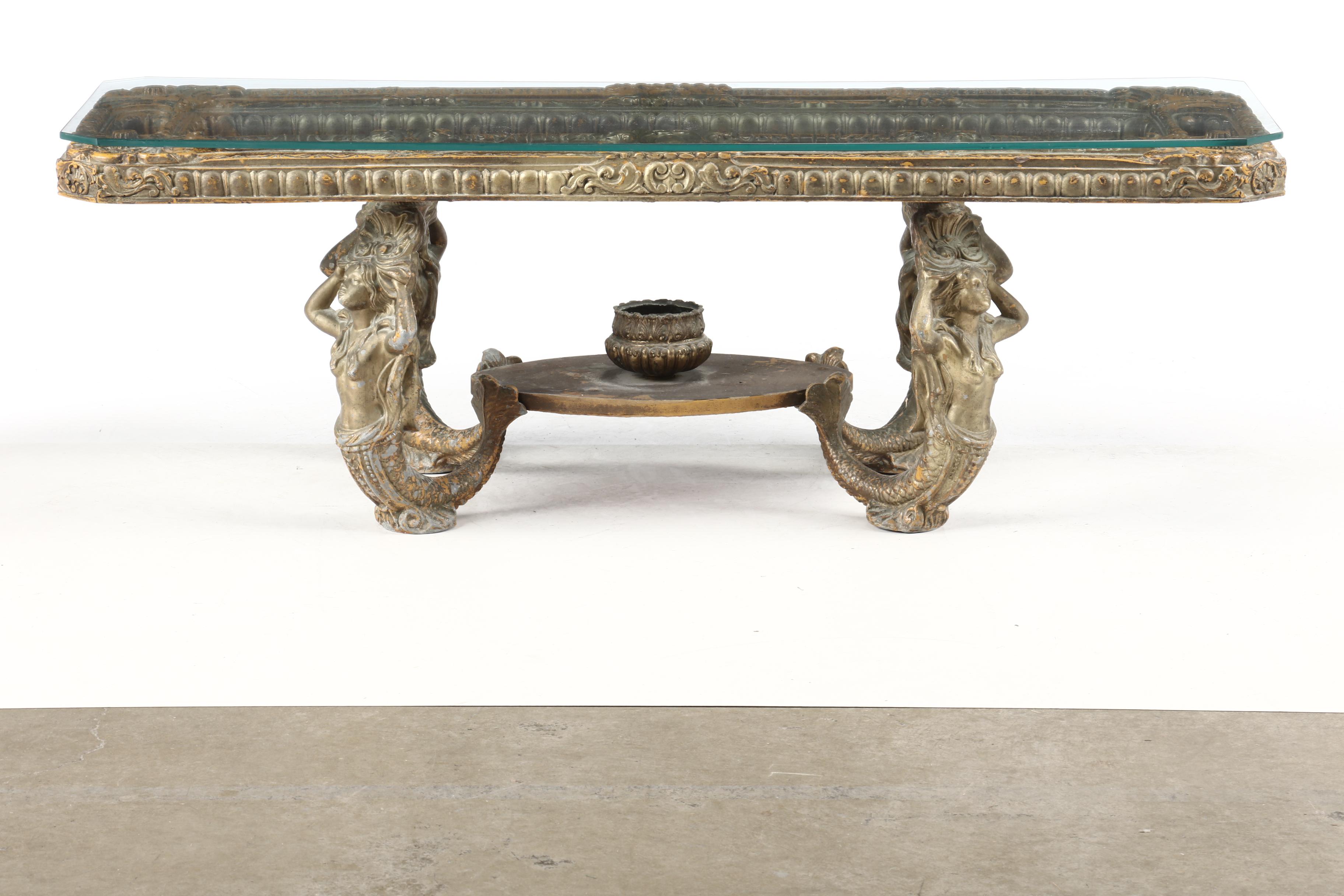Vintage Hollywood Regency Coffee Table with Mermaids