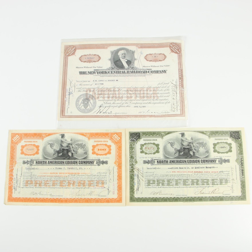 Stock Certificates Including North American Edison Company, 1920s