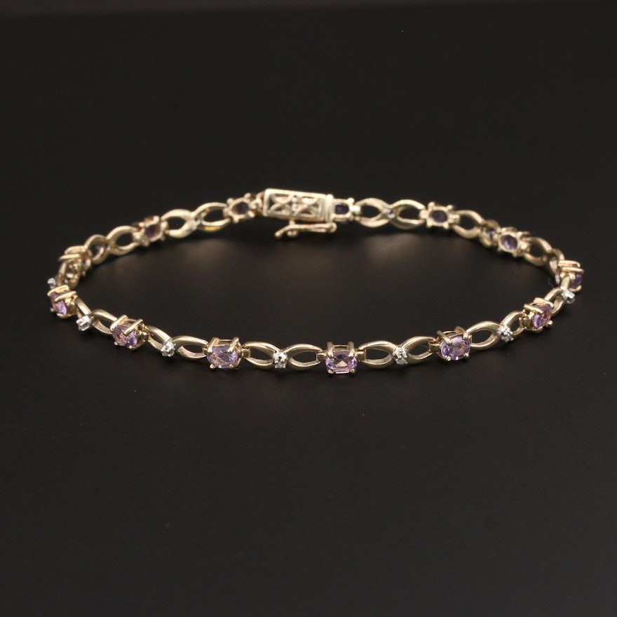 10K Yellow Gold Amethyst and Diamond Bracelet