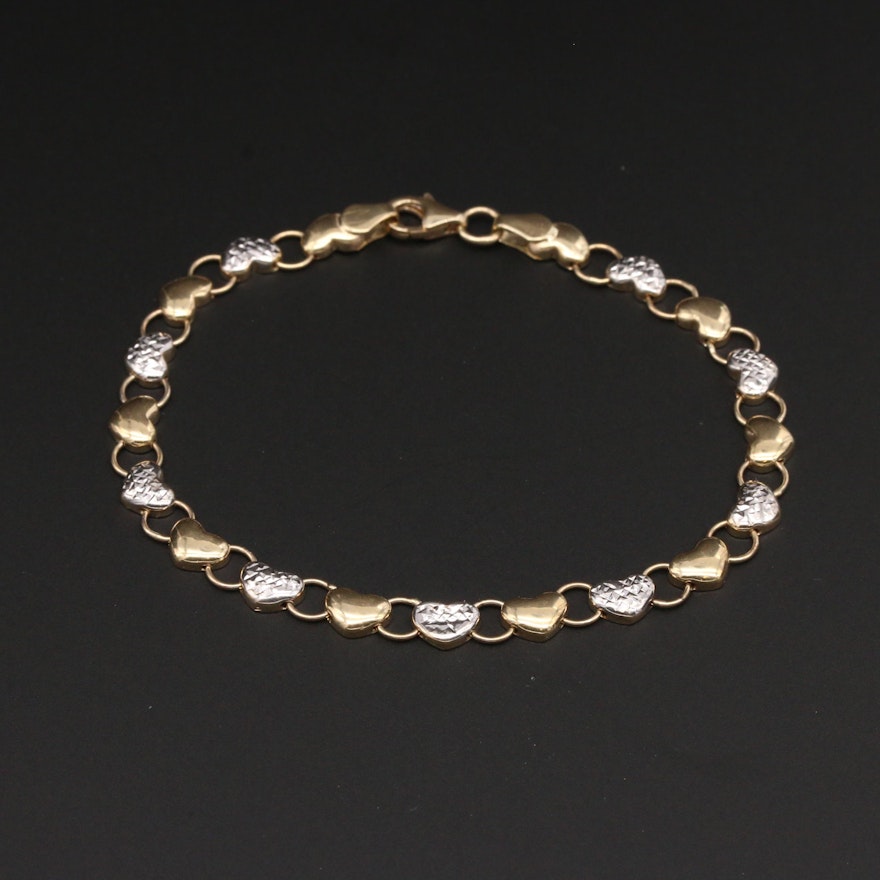 10K Yellow and White Gold Heart Link Bracelet