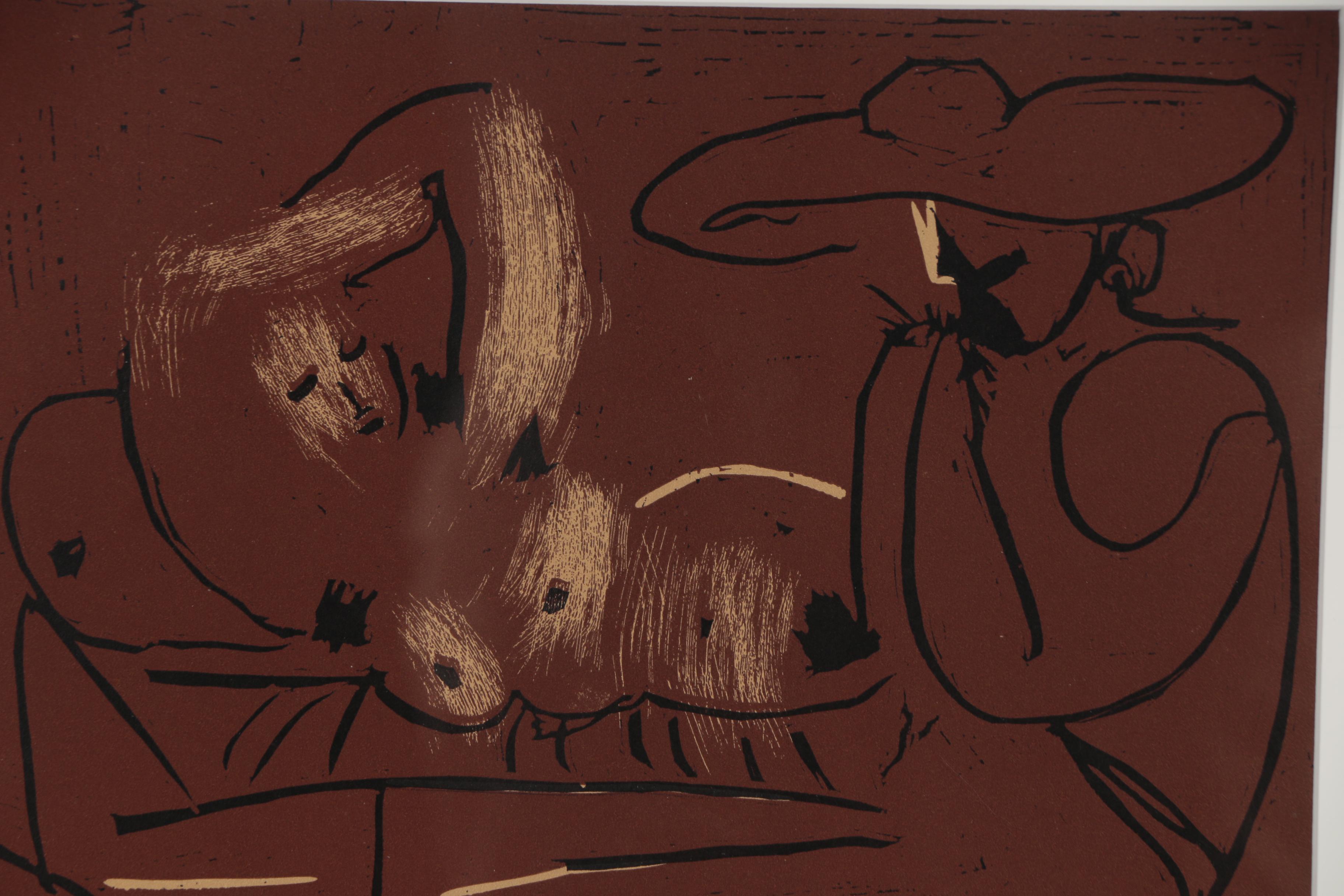 Pablo Picasso Linoleum Cut "Reclining Woman and Picador Eating Grapes", 1962