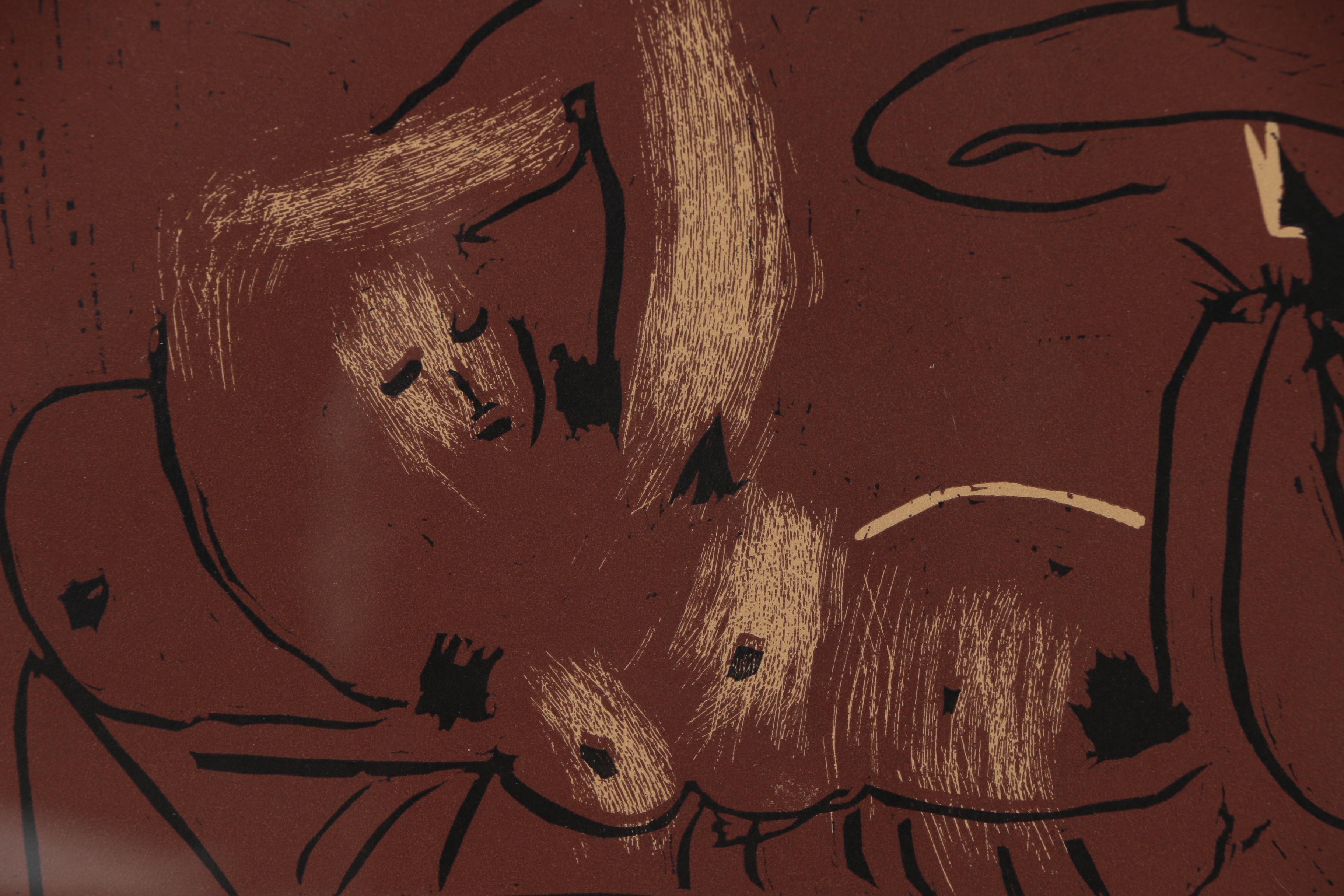 Pablo Picasso Linoleum Cut "Reclining Woman and Picador Eating Grapes", 1962