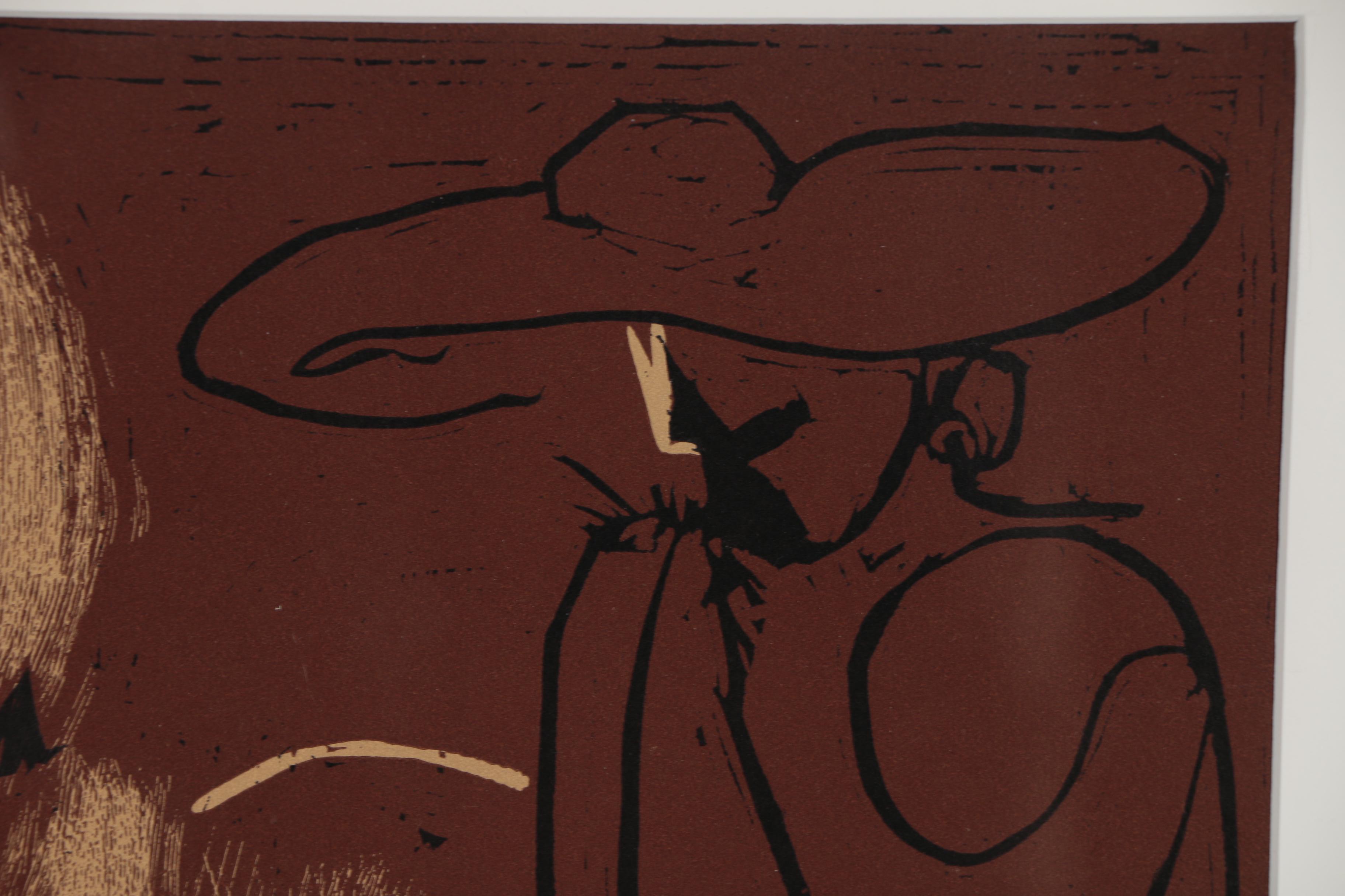 Pablo Picasso Linoleum Cut "Reclining Woman and Picador Eating Grapes", 1962