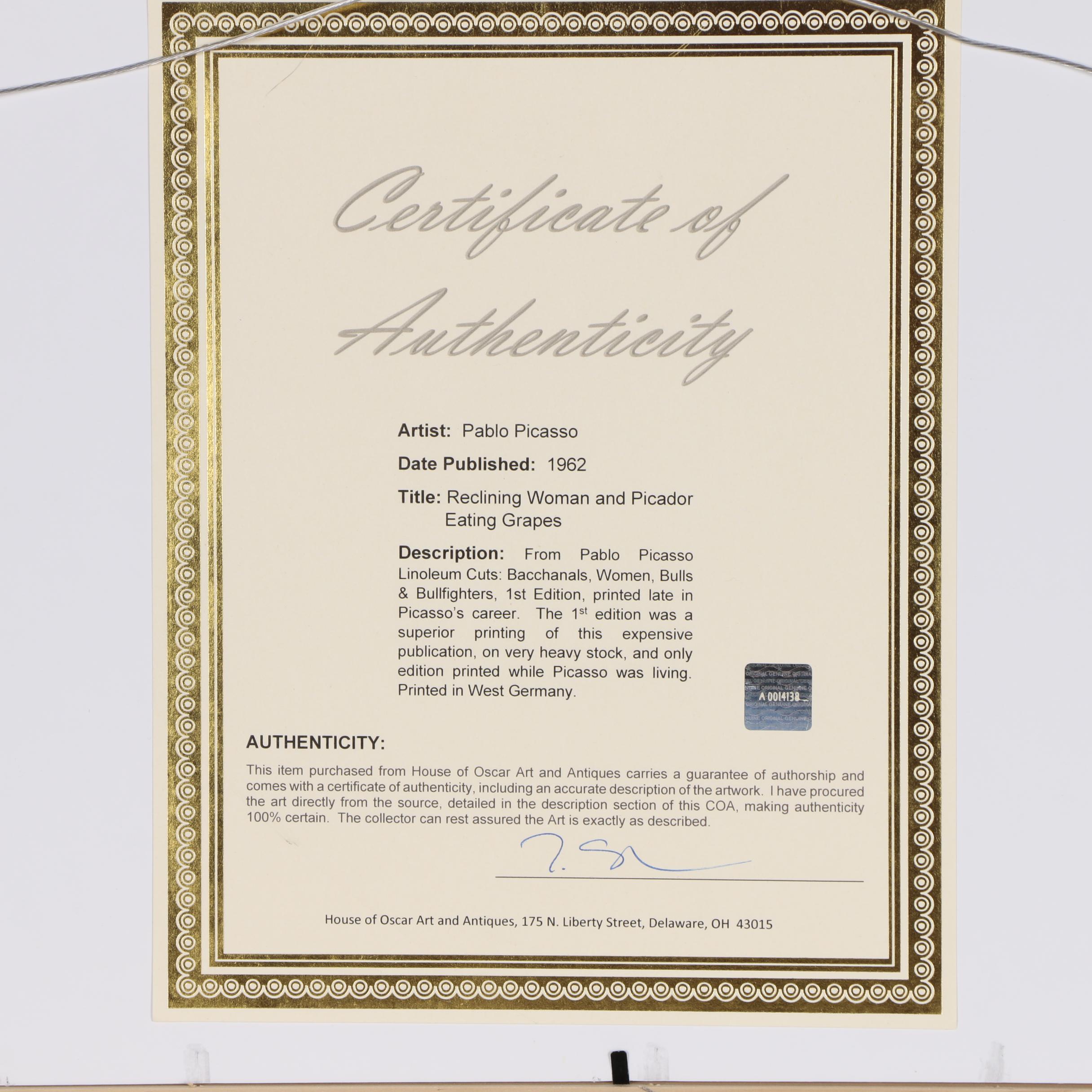 Pablo Picasso Linoleum Cut "Reclining Woman and Picador Eating Grapes", 1962