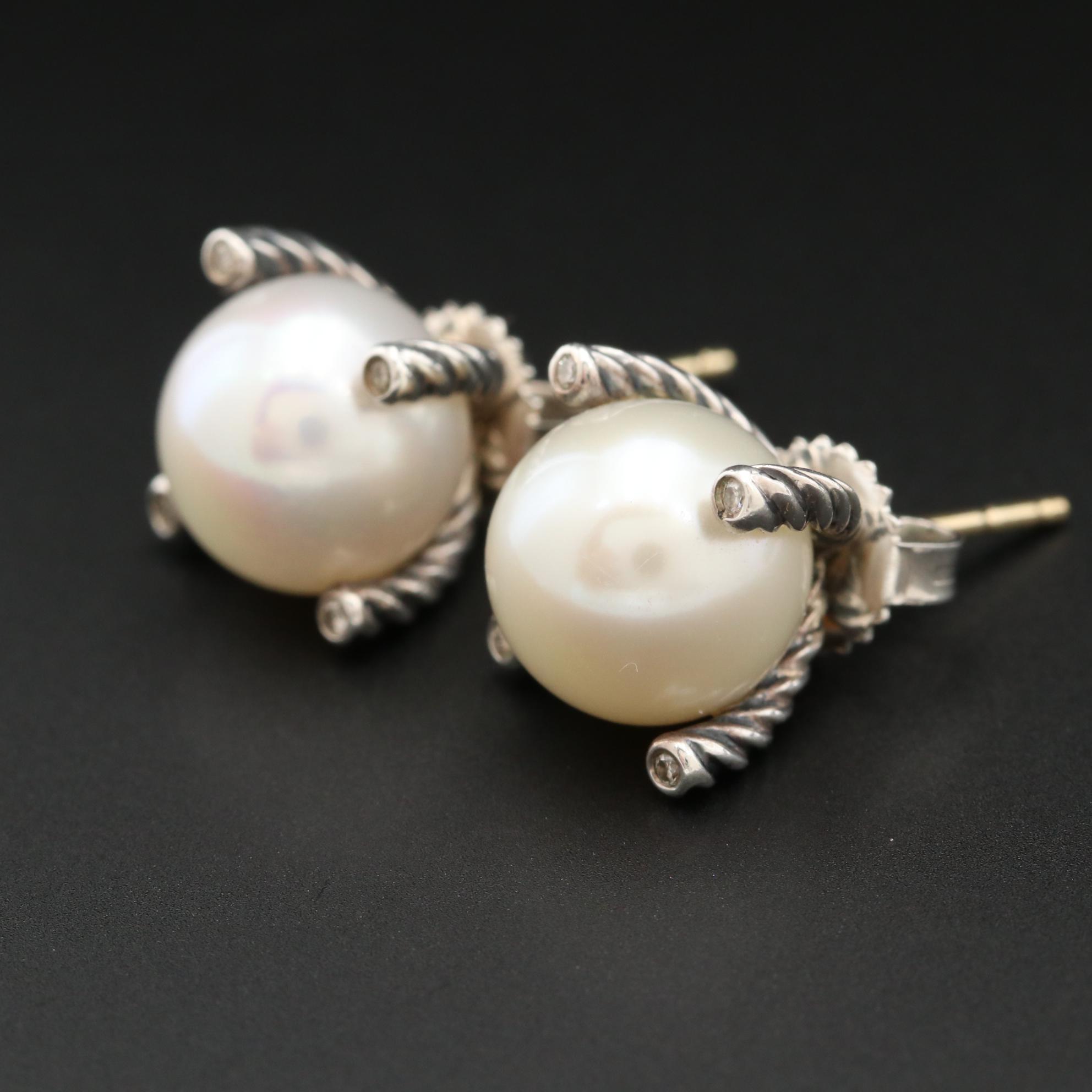 David Yurman Sterling Silver Cultured Pearl Cable Collectibles" Stud Earrings