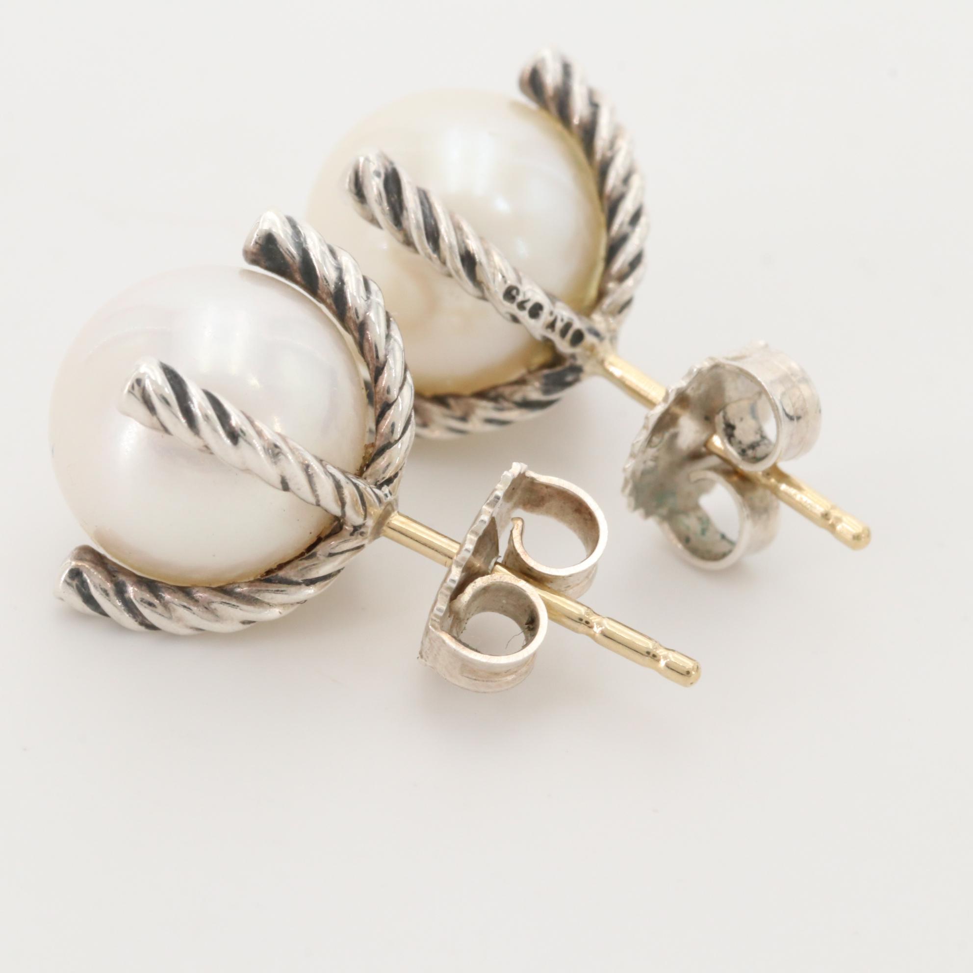 David Yurman Sterling Silver Cultured Pearl Cable Collectibles" Stud Earrings