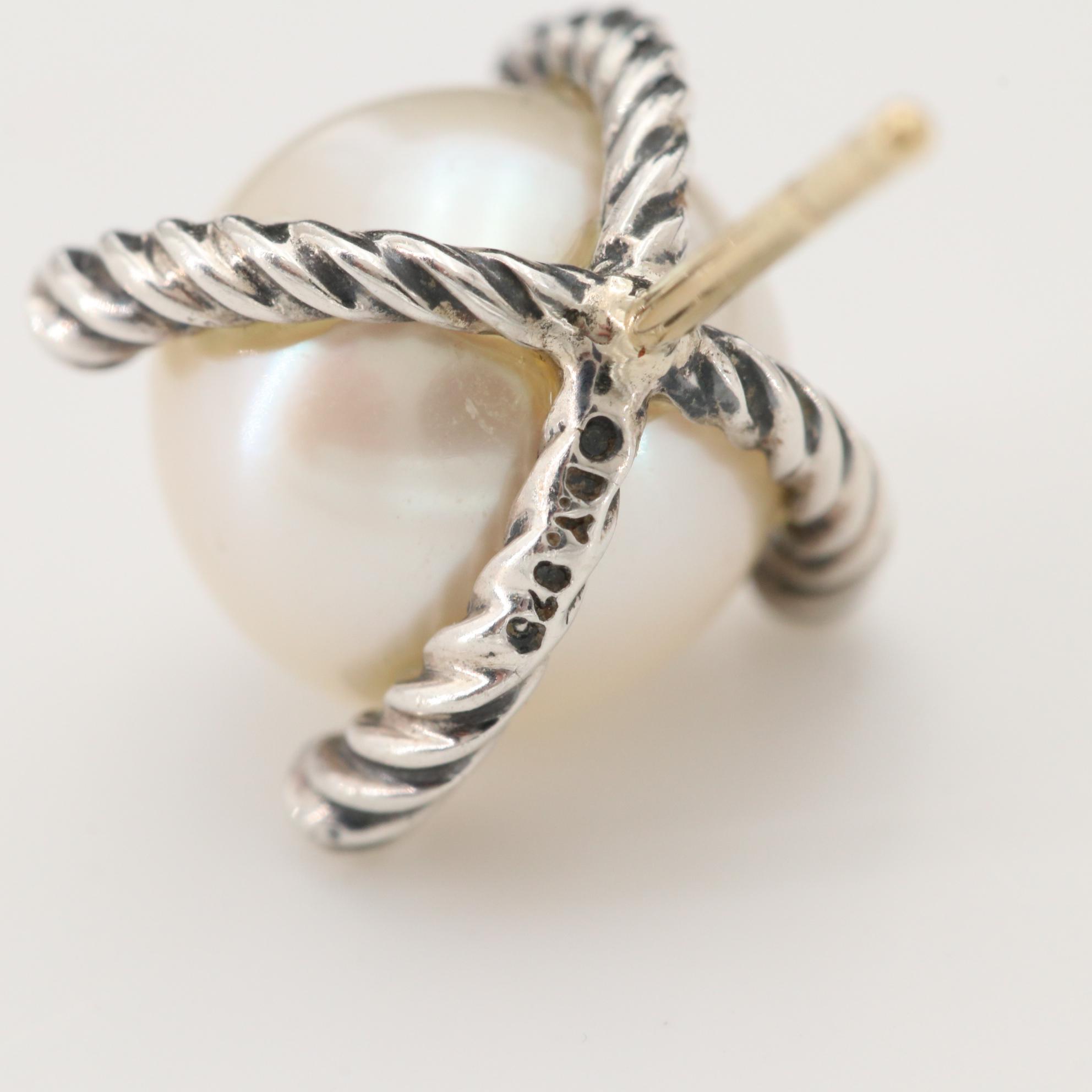 David Yurman Sterling Silver Cultured Pearl Cable Collectibles" Stud Earrings