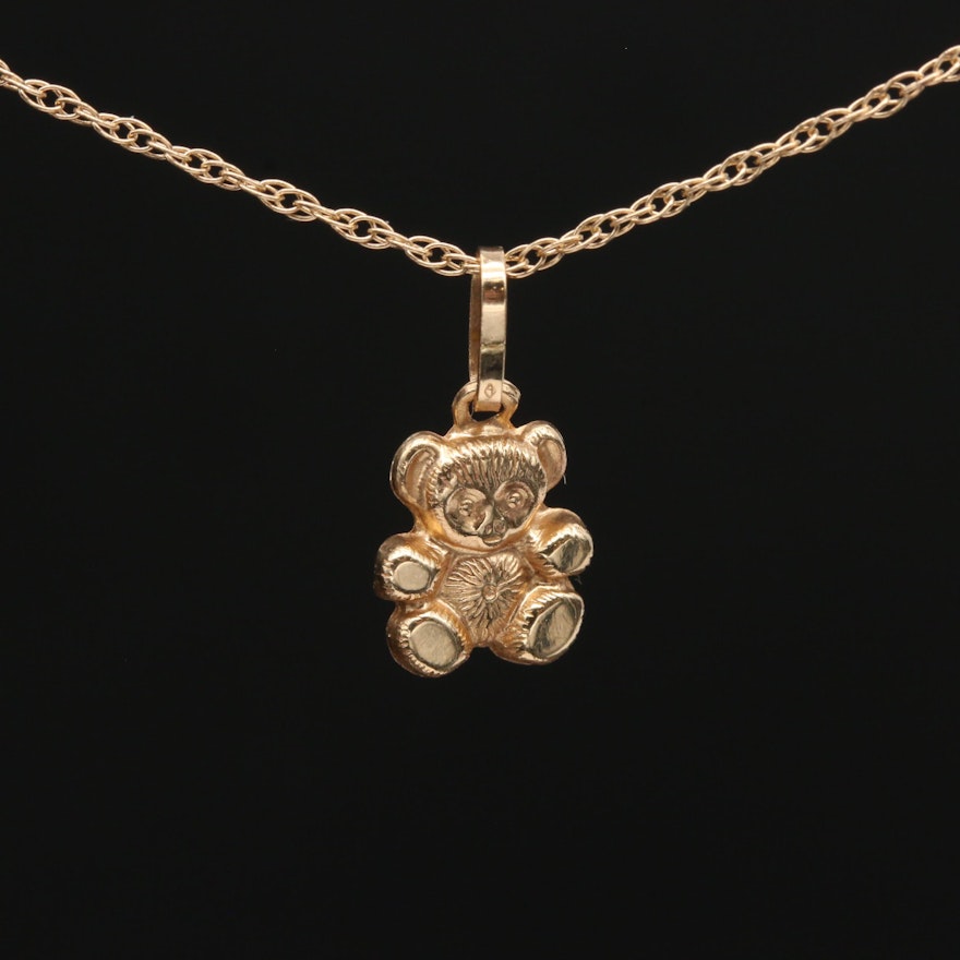 14K Yellow Gold Teddy Bear Pendant Necklace