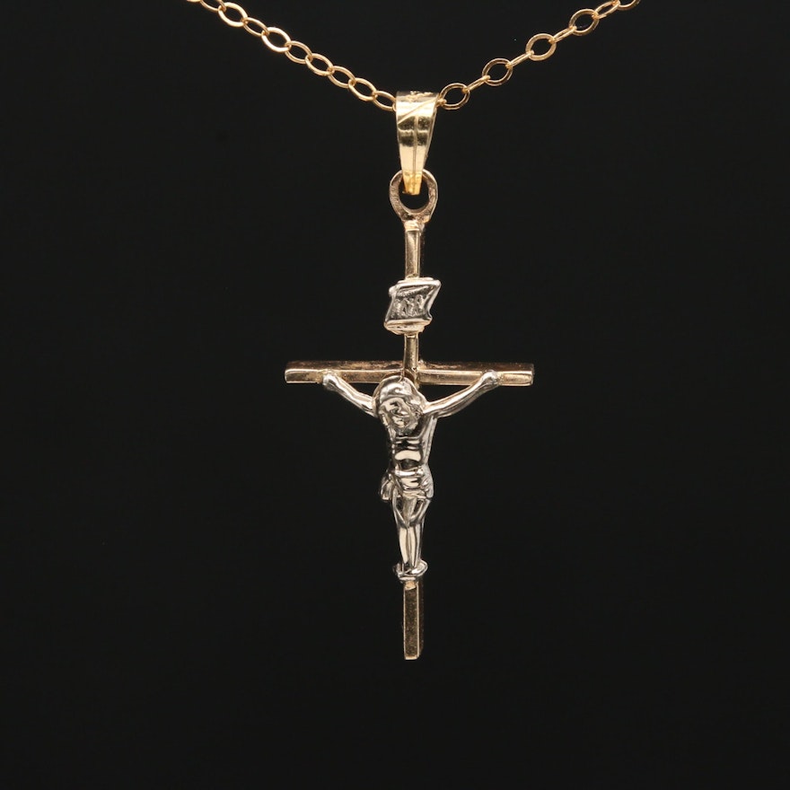 14K Yellow Gold Crucifix Pendant Necklace with White Gold Accent