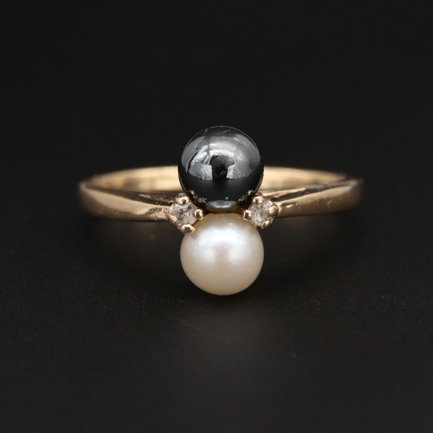 10K Yellow Gold Cultured Pearl, Hematite and White Topaz Ring